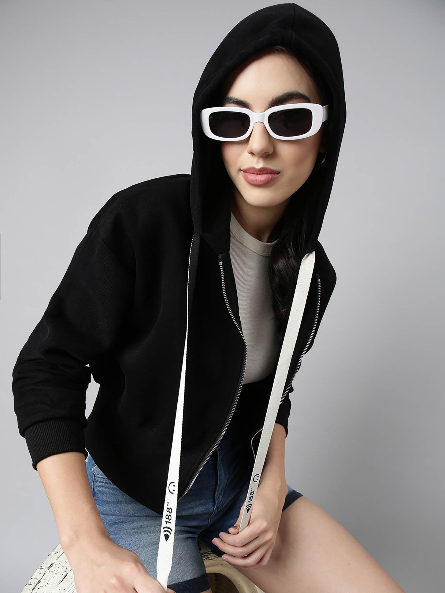 womens hooded solid black crop drop shoulder bomber jacket