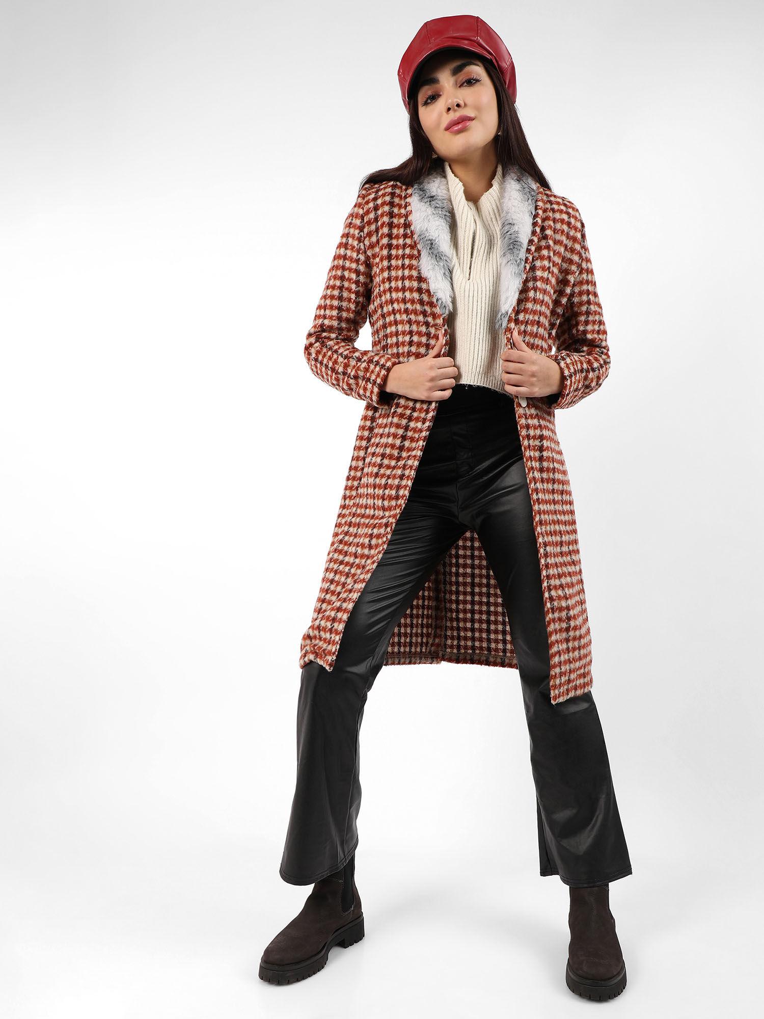 womens houndstooth long coat with faux fur neck