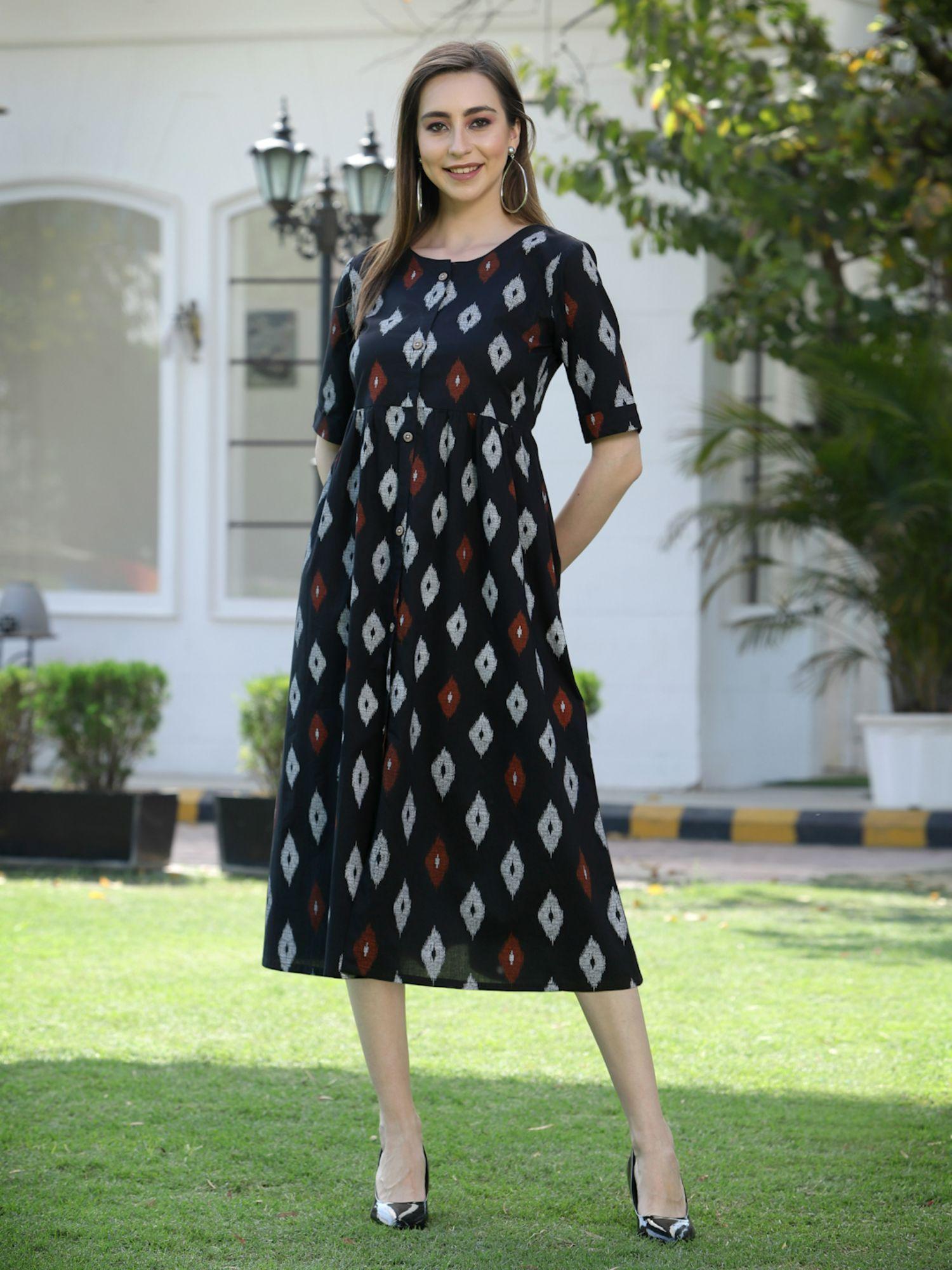 womens ikat print cotton knee length flared dress black