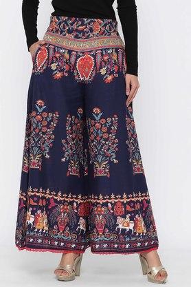 womens indigo cambric floral placement printed flared palazzo with lace hem - indigo