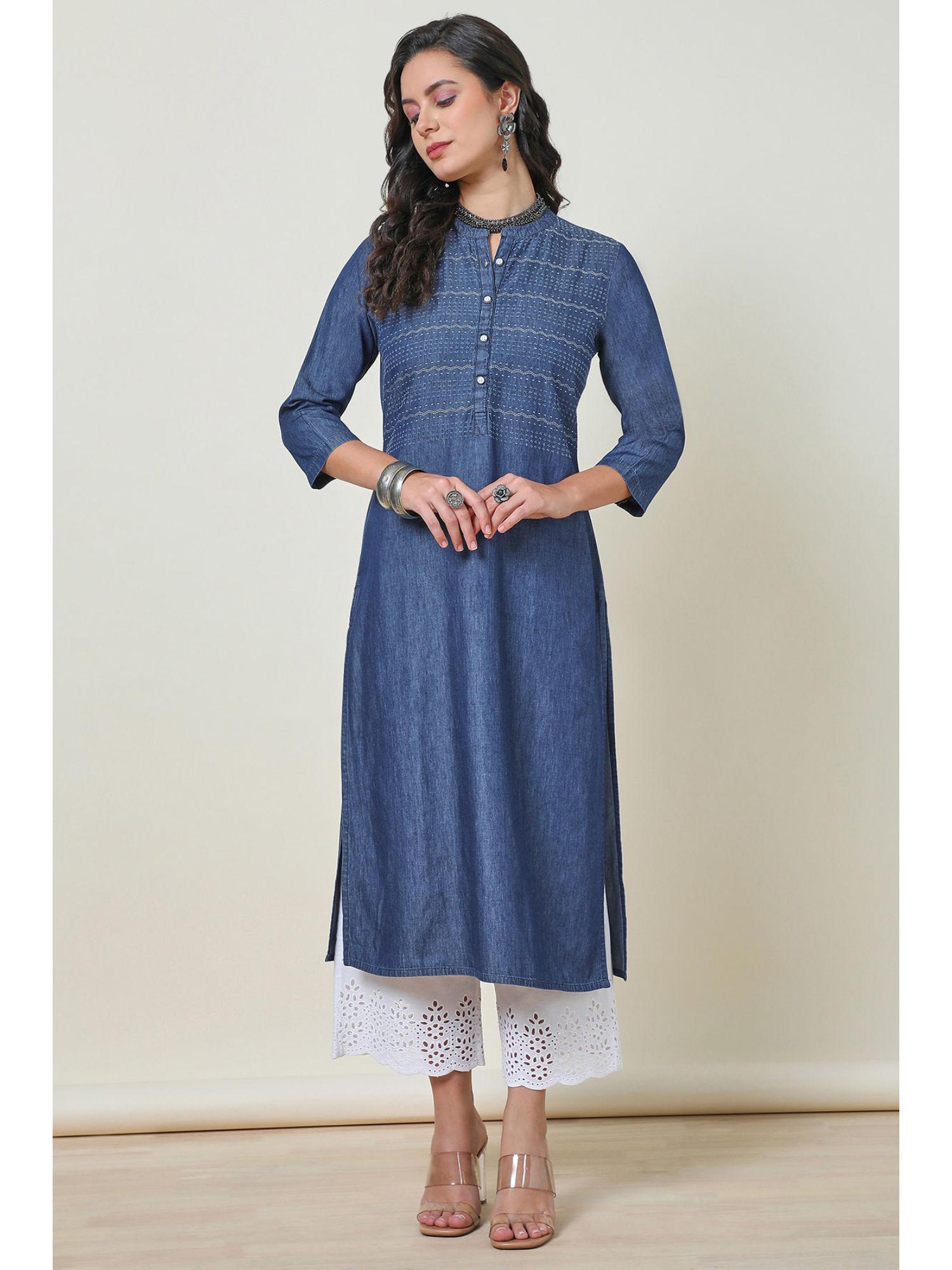 womens indigo cotton blend mandarin collar kurta