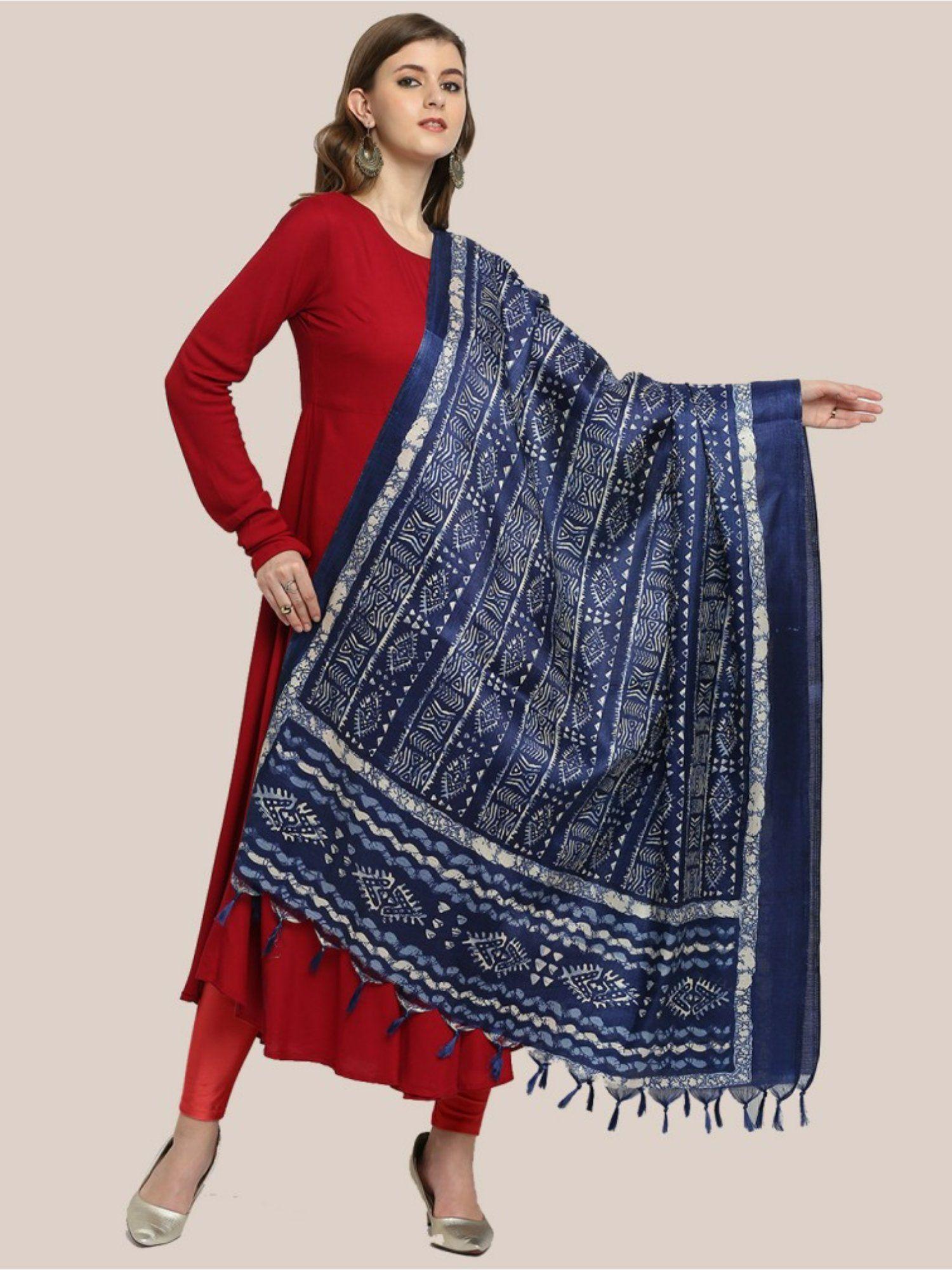 womens indigo printed silk dupatta