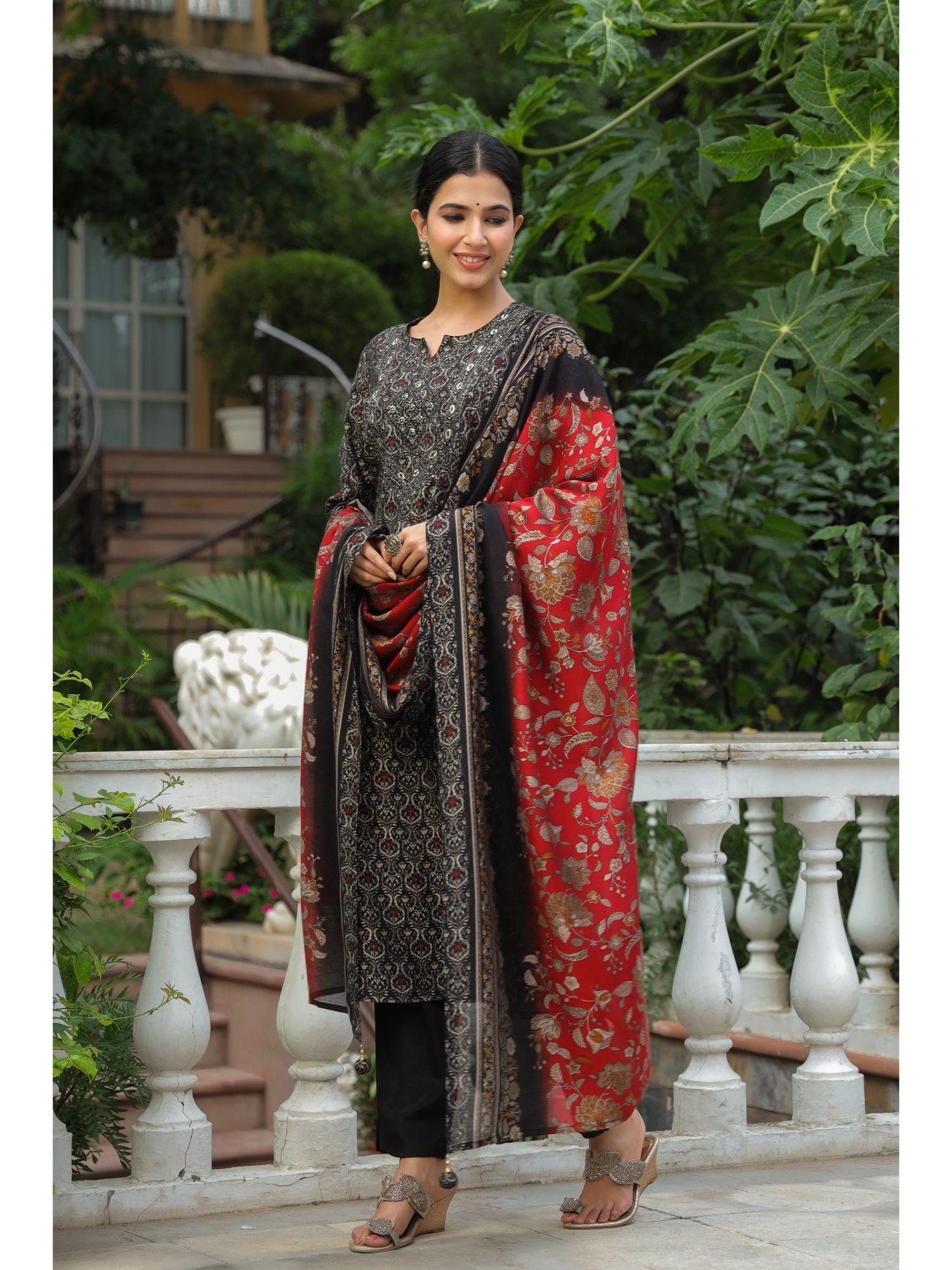 womens jaal print with foil modal kurta dupatta and shantoon trouser black (set of 3)