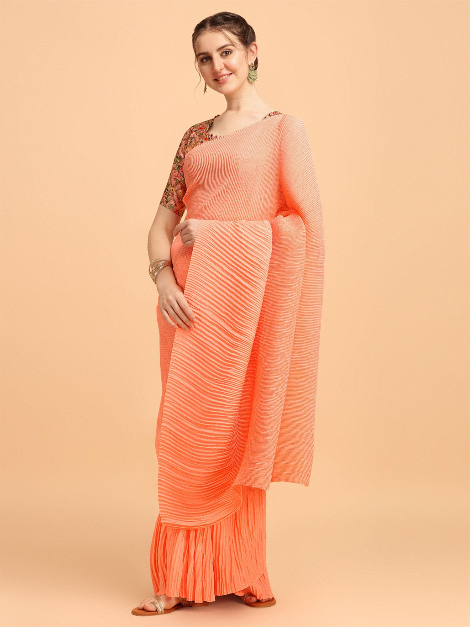 womens japan satin pleated orange saree with unstitched blouse piece