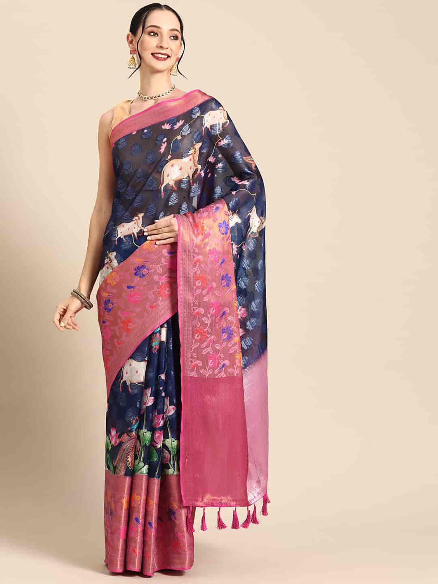 womens kanjeewaram silk woven with digital printed saree - blue with unstitched blouse