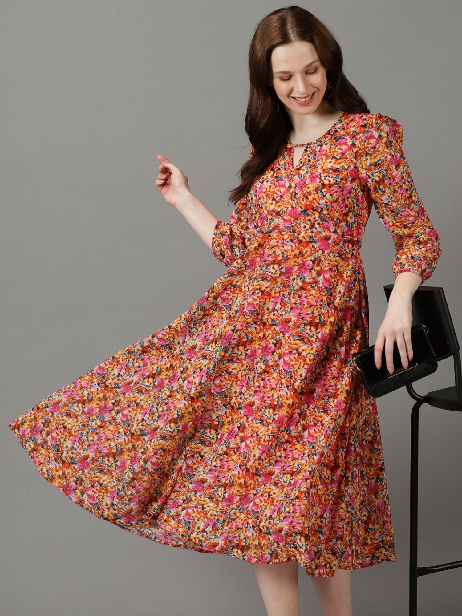 womens keyhole neck printed midi multi dress