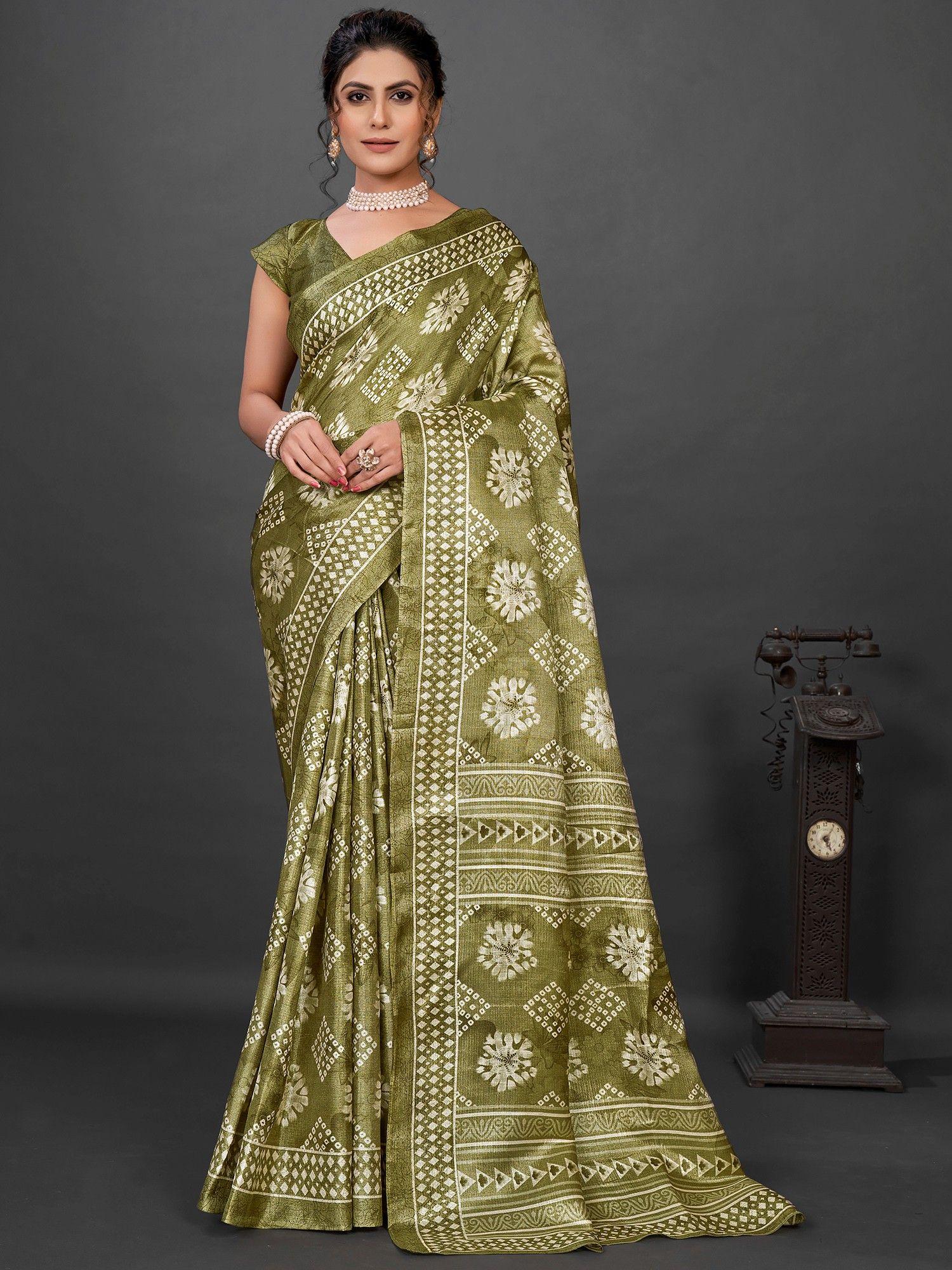 womens khadi silk olive printed designer saree with unstitched blouse
