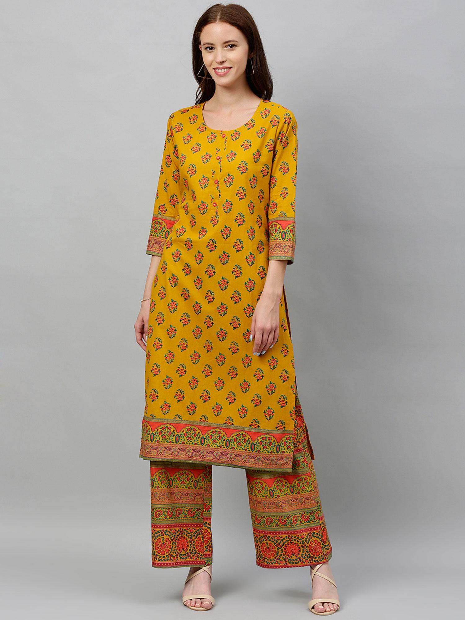 womens kilm printed cotton fabric kurta and palazzo mustard color (set of 2)