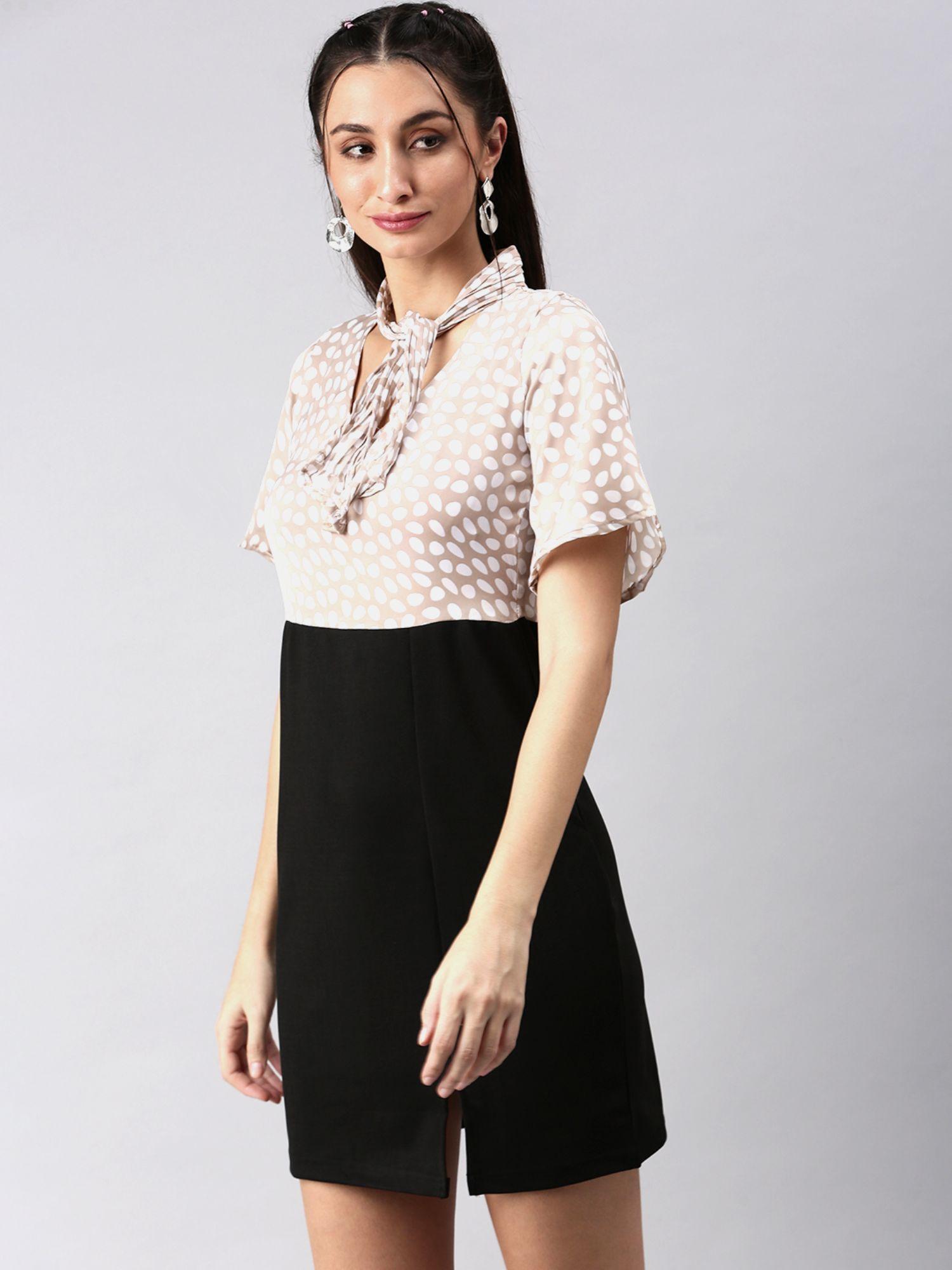 womens knee length polka dots beige v-neck sheath dress