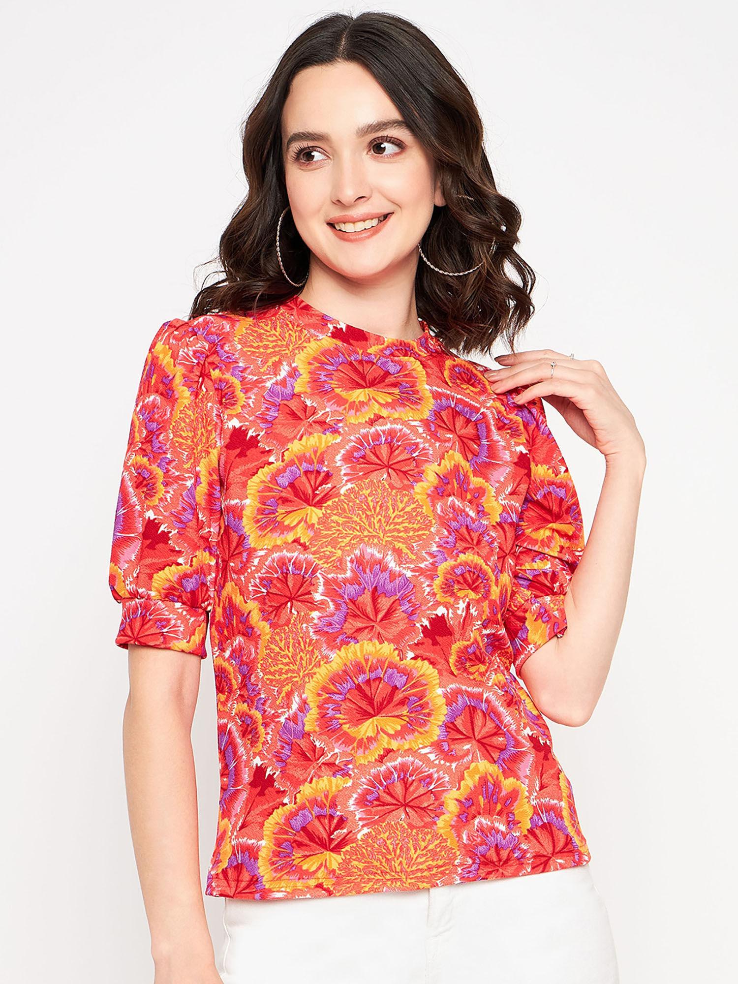 womens knit printed round neck top red