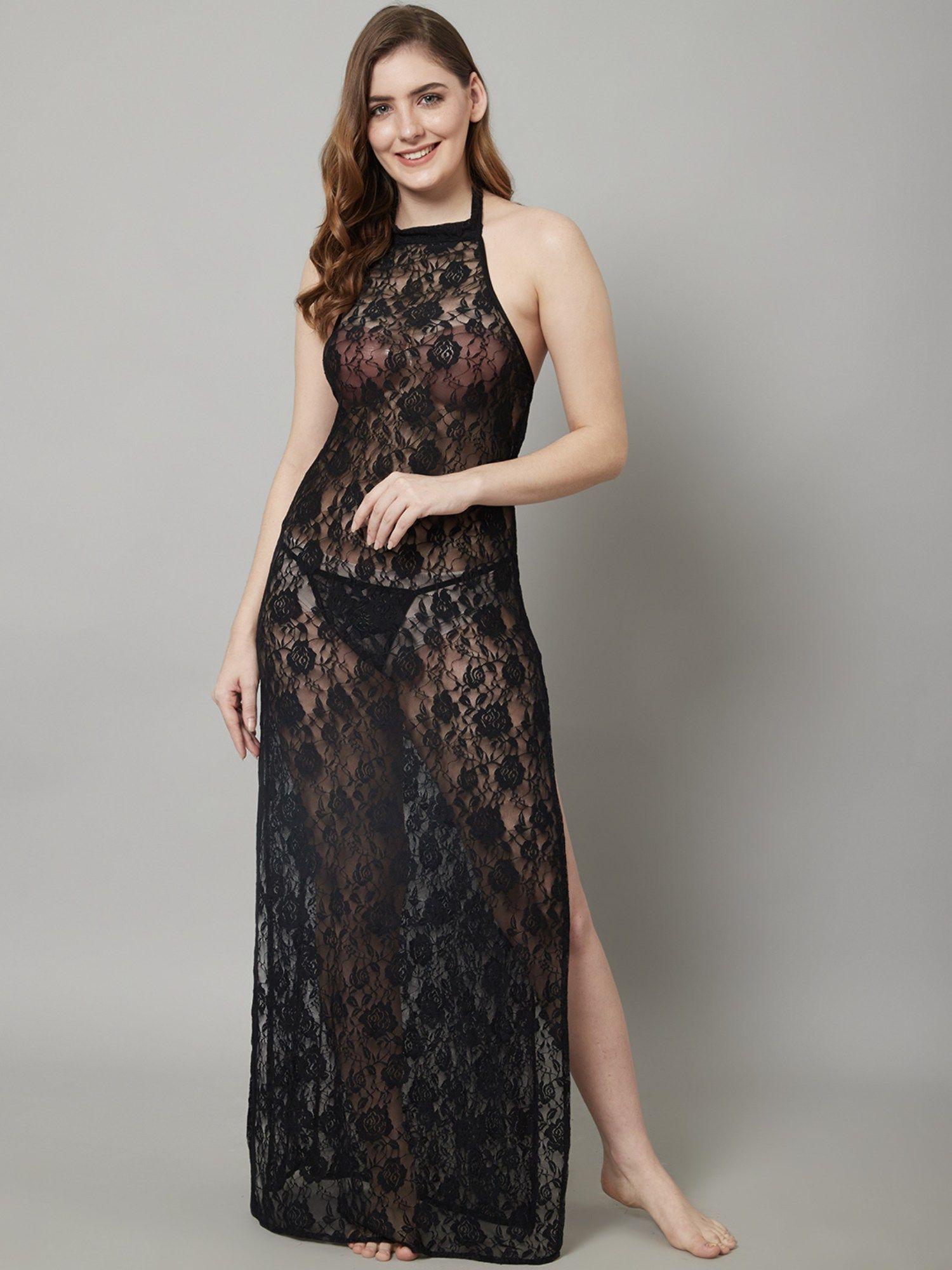 womens lace ankle length babydoll dress nightwear lingerie - black (set of 2)