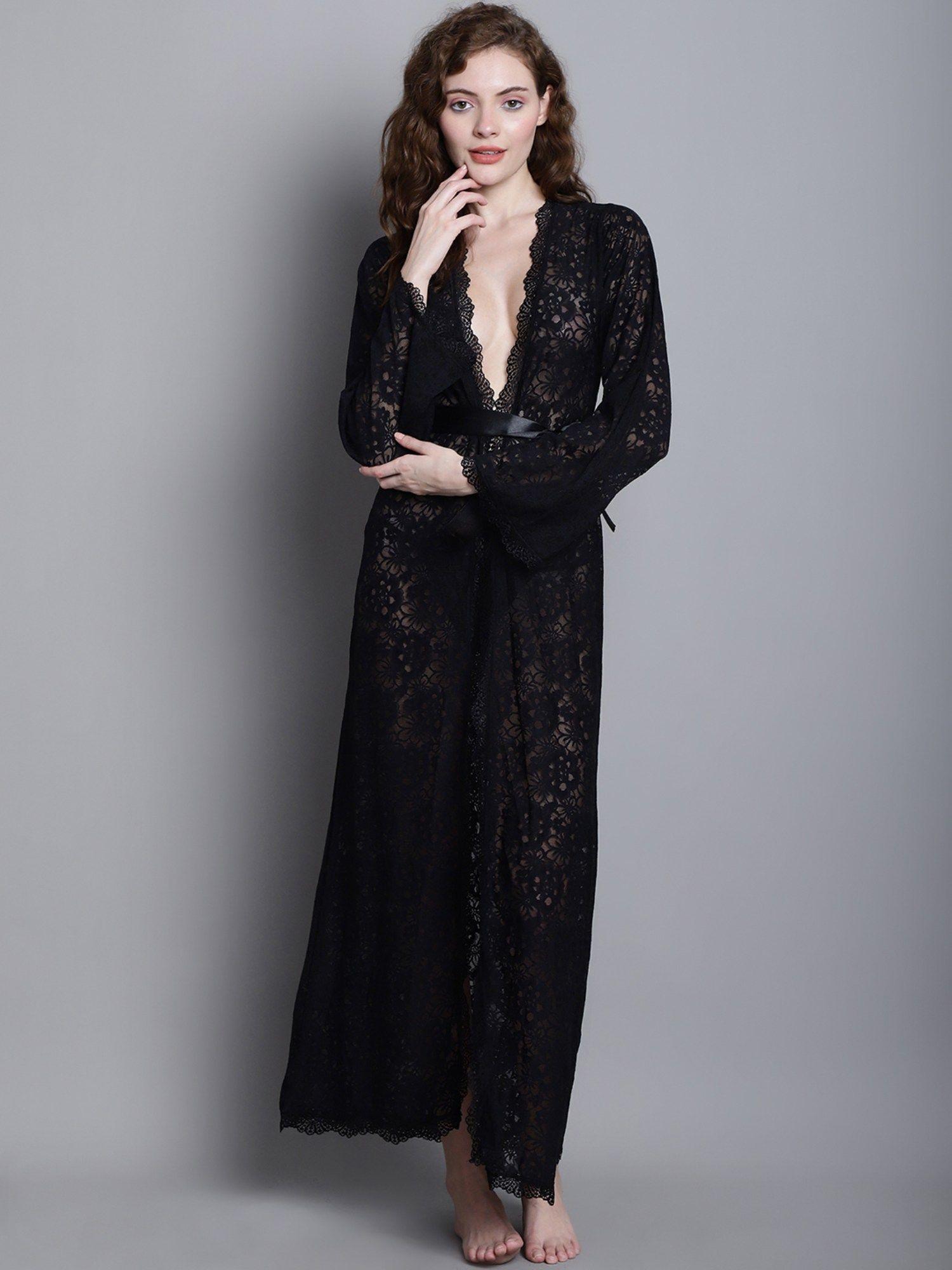womens lace ankle length babydoll dress nightwear lingerie - black (set of 3)