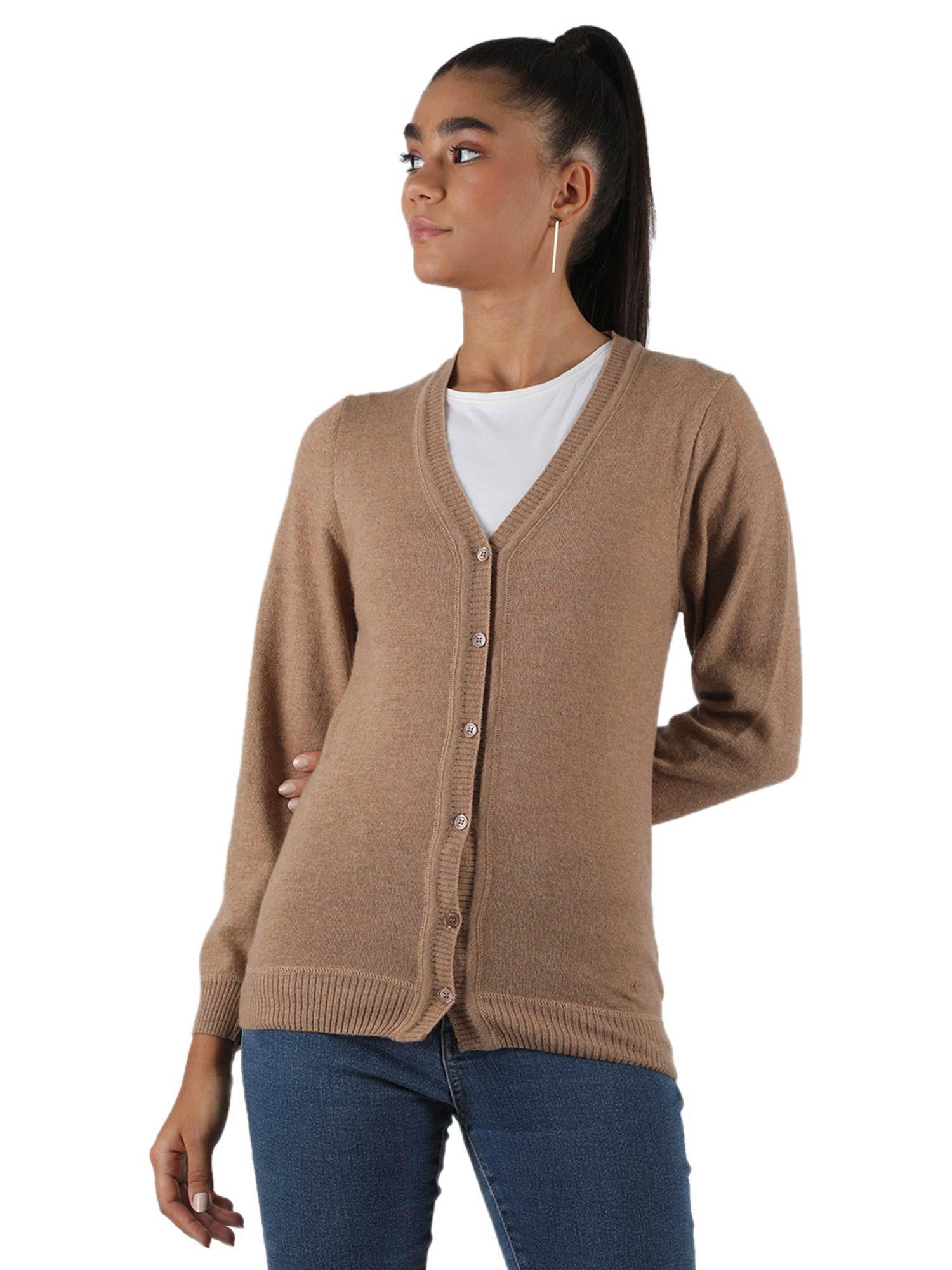 womens lambs wool beige solid v neck cardigan