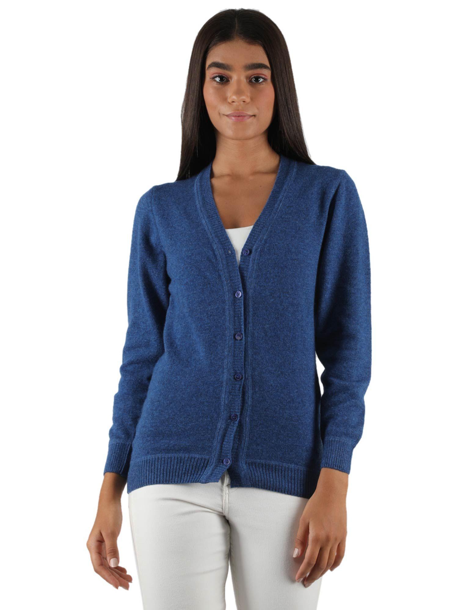 womens lambs wool blue solid v neck cardigan