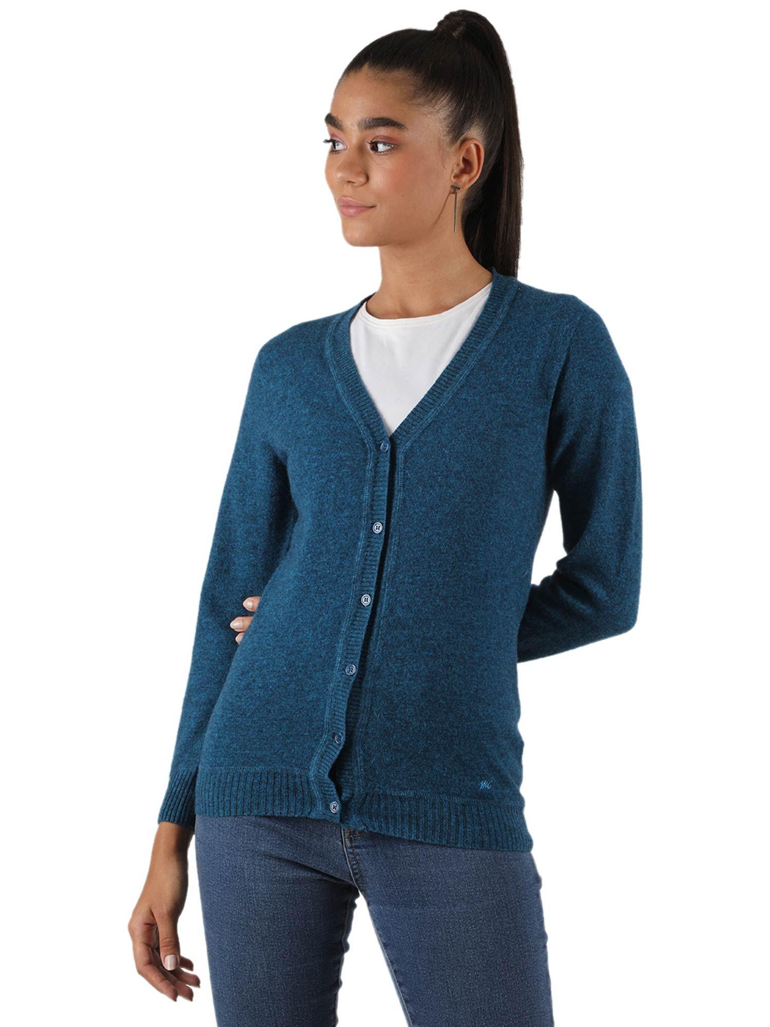 womens lambs wool blue solid v neck cardigan