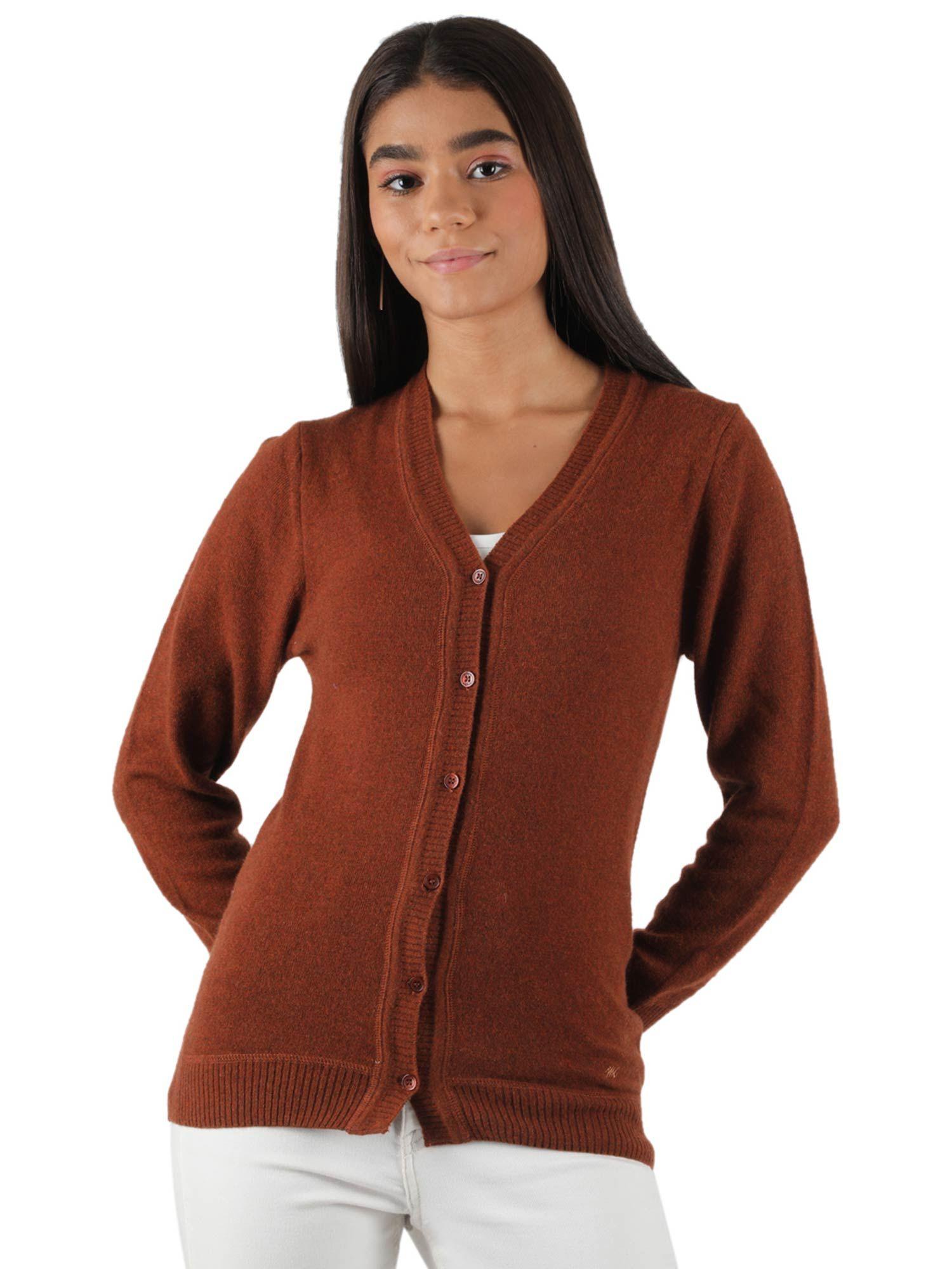 womens lambs wool brown solid v neck cardigan