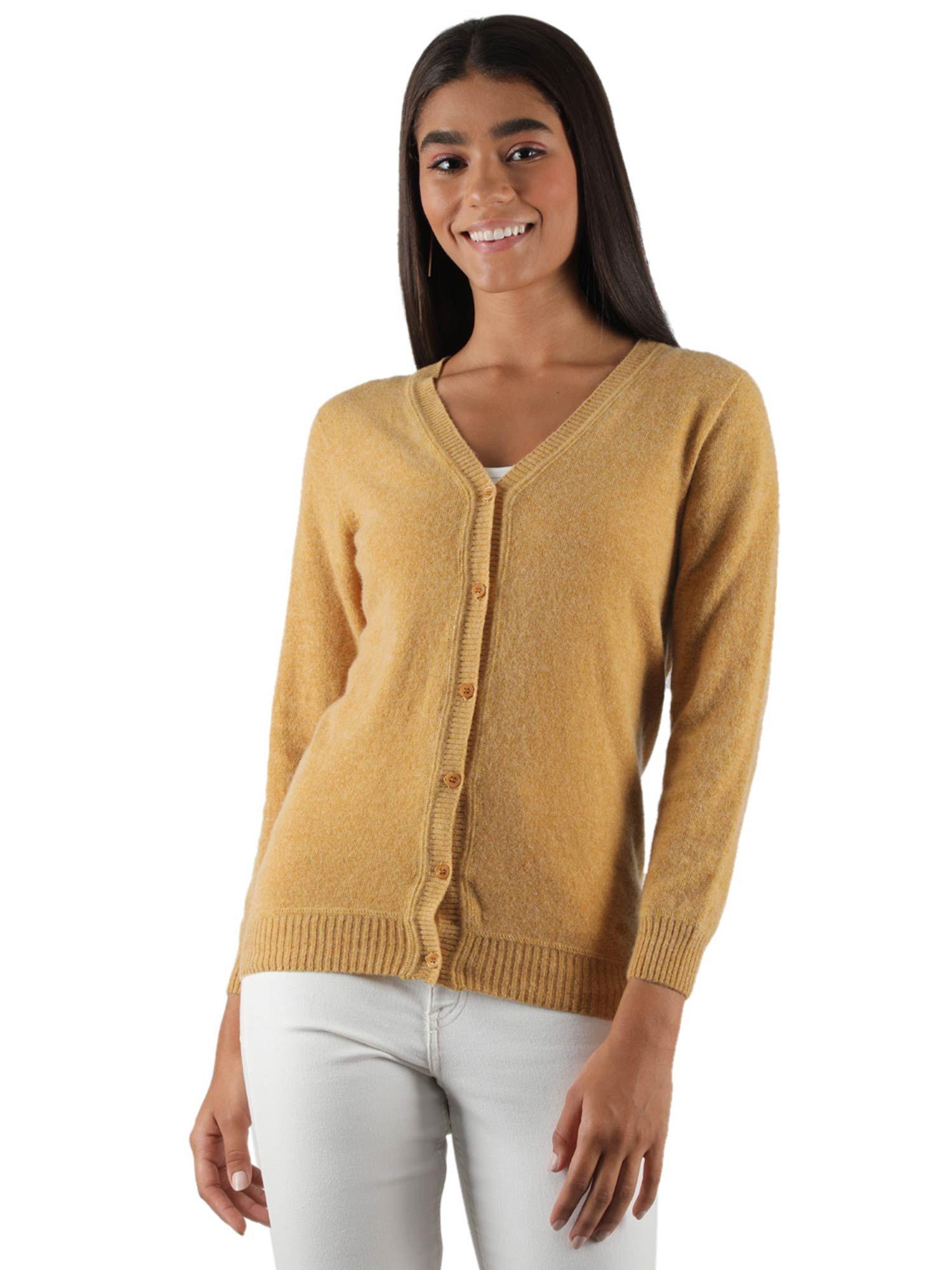 womens lambs wool mustard solid v neck cardigan