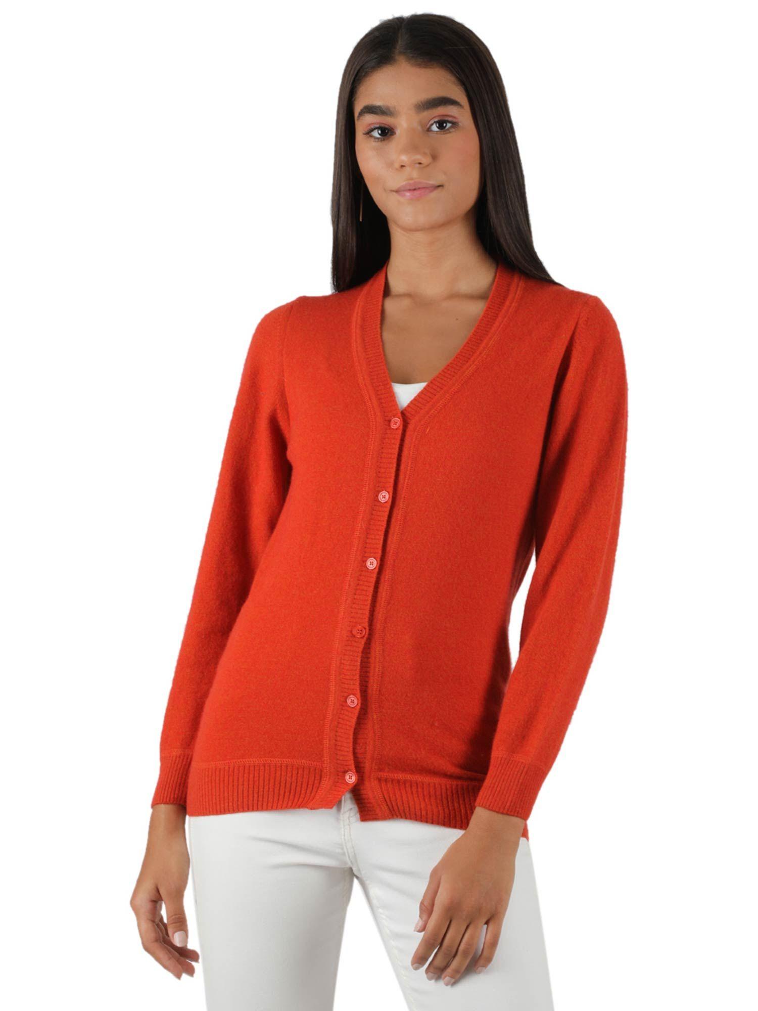 womens lambs wool orange solid v neck cardigan