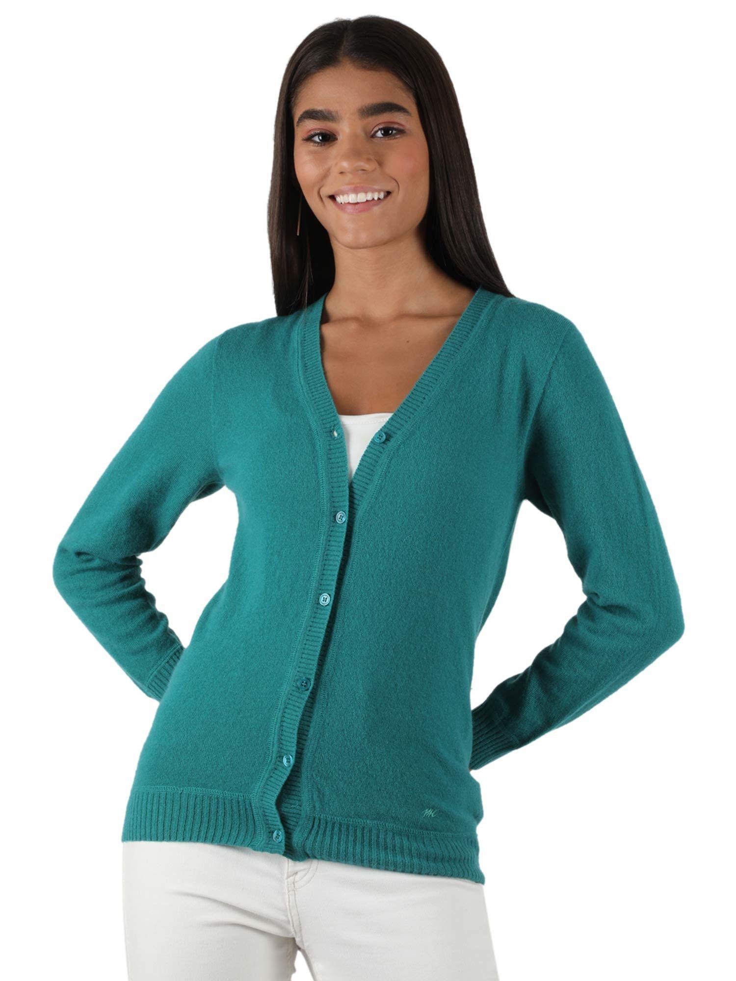 womens lambs wool sea green solid v neck cardigan