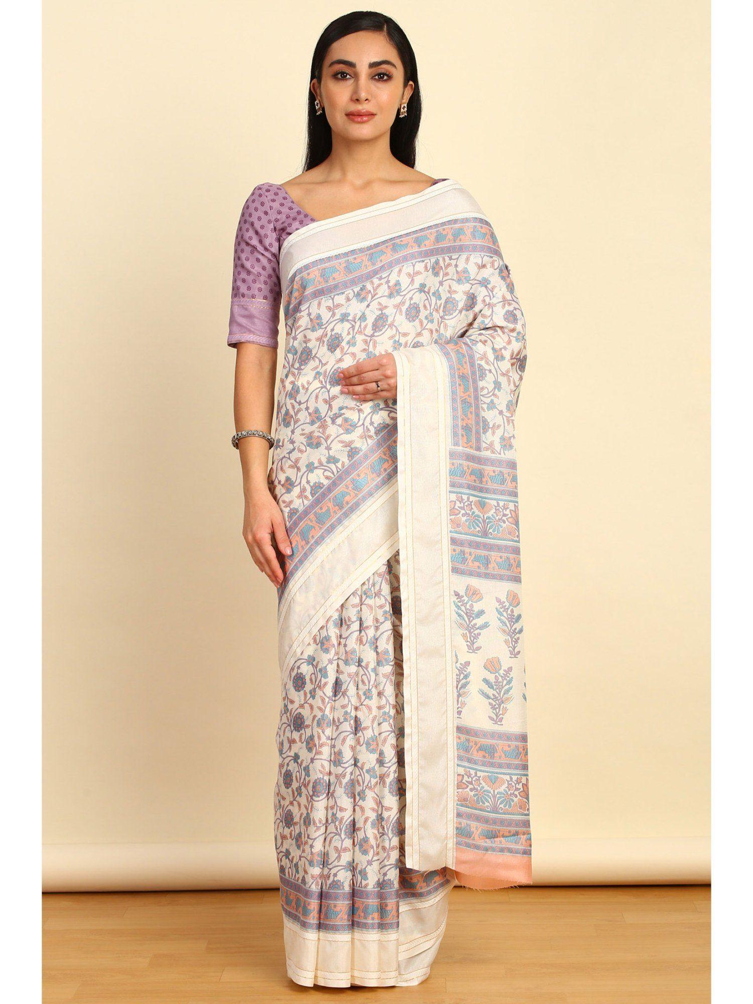 womens lavender art silk floral print saree with unstitched blouse