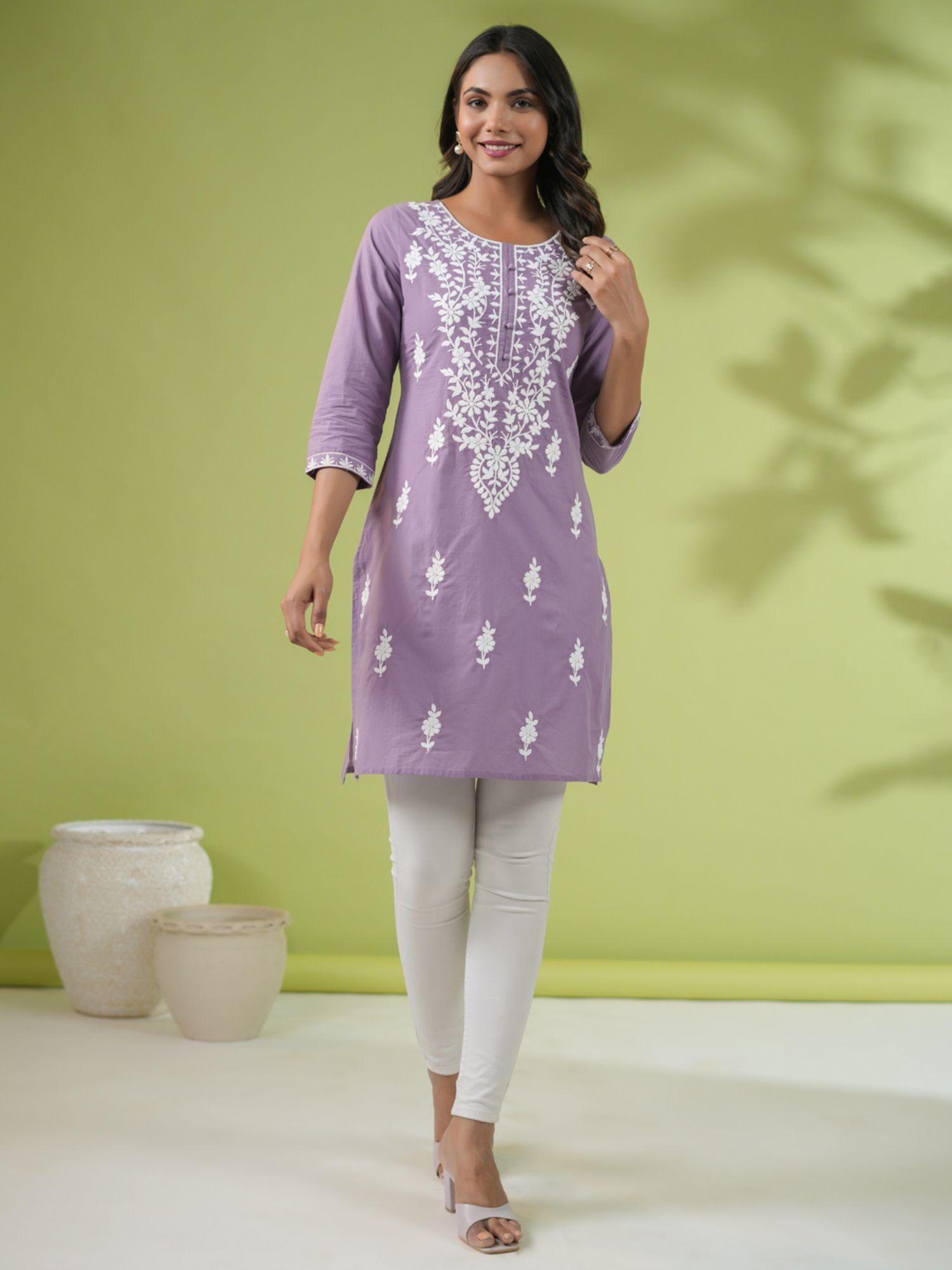 womens lavender cotton embroidered regular tunic