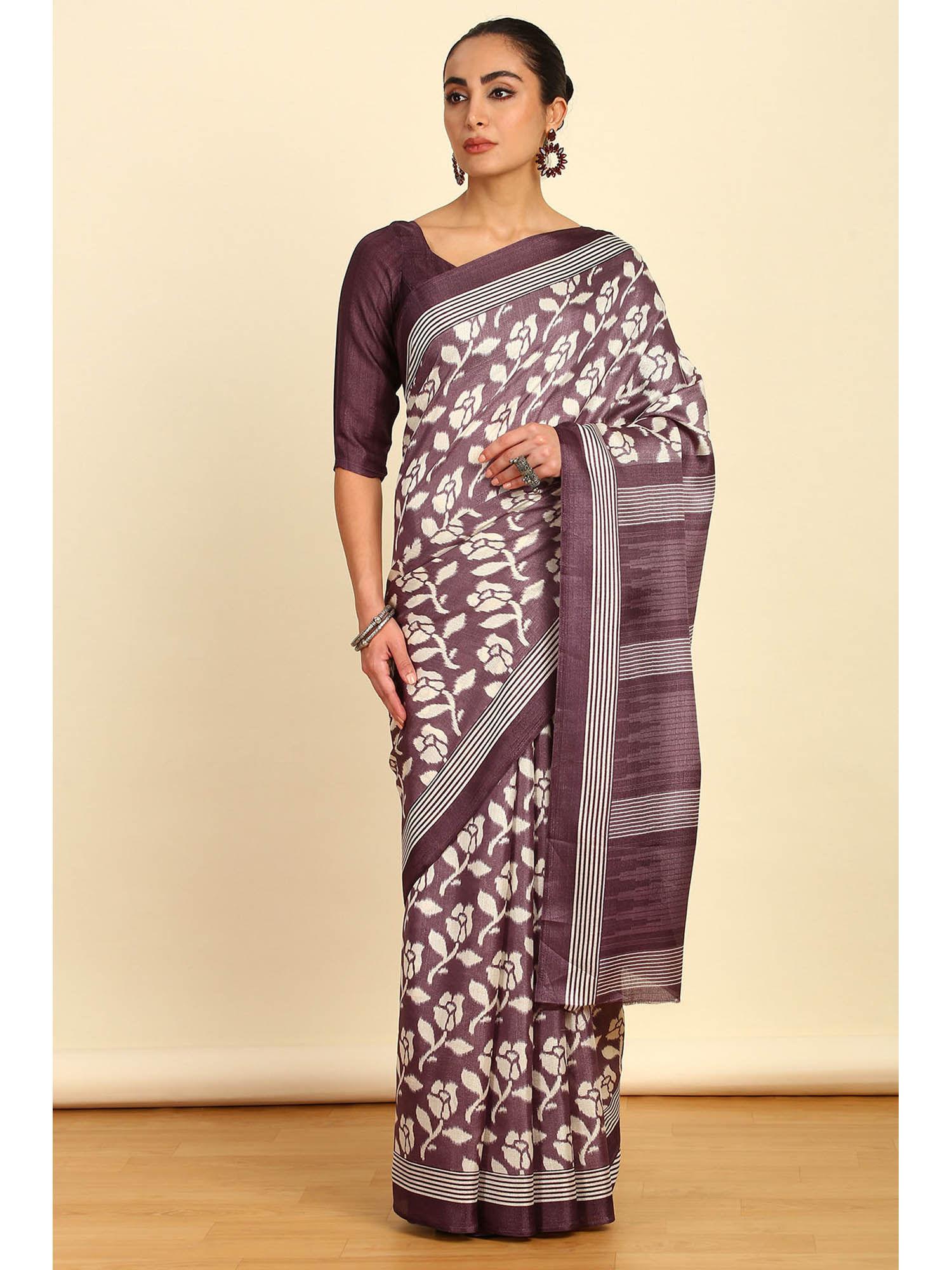 womens lavender floral printed art silk saree with unstitched blouse