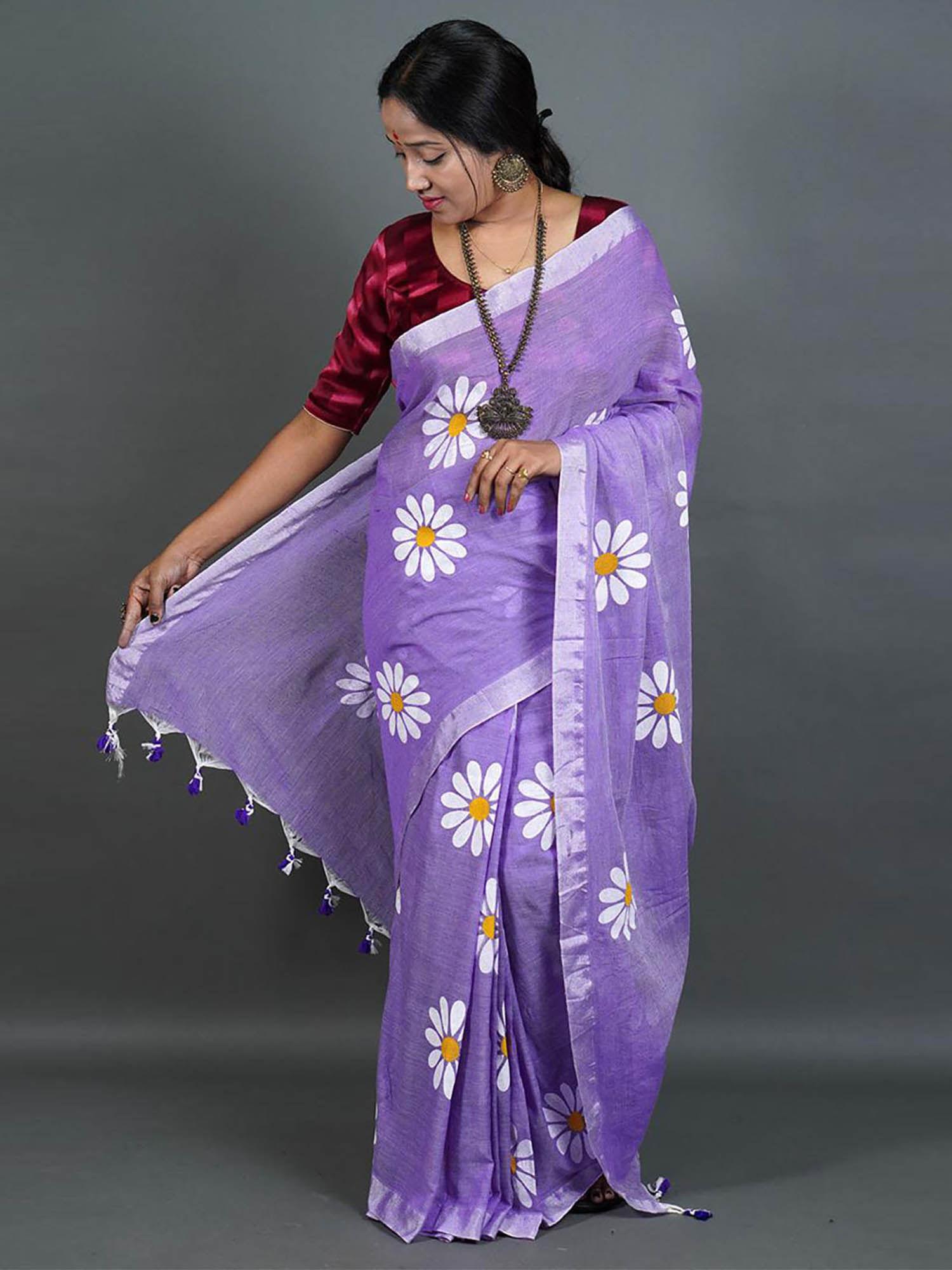 womens lavender printed cotton saree with unstitched blouse