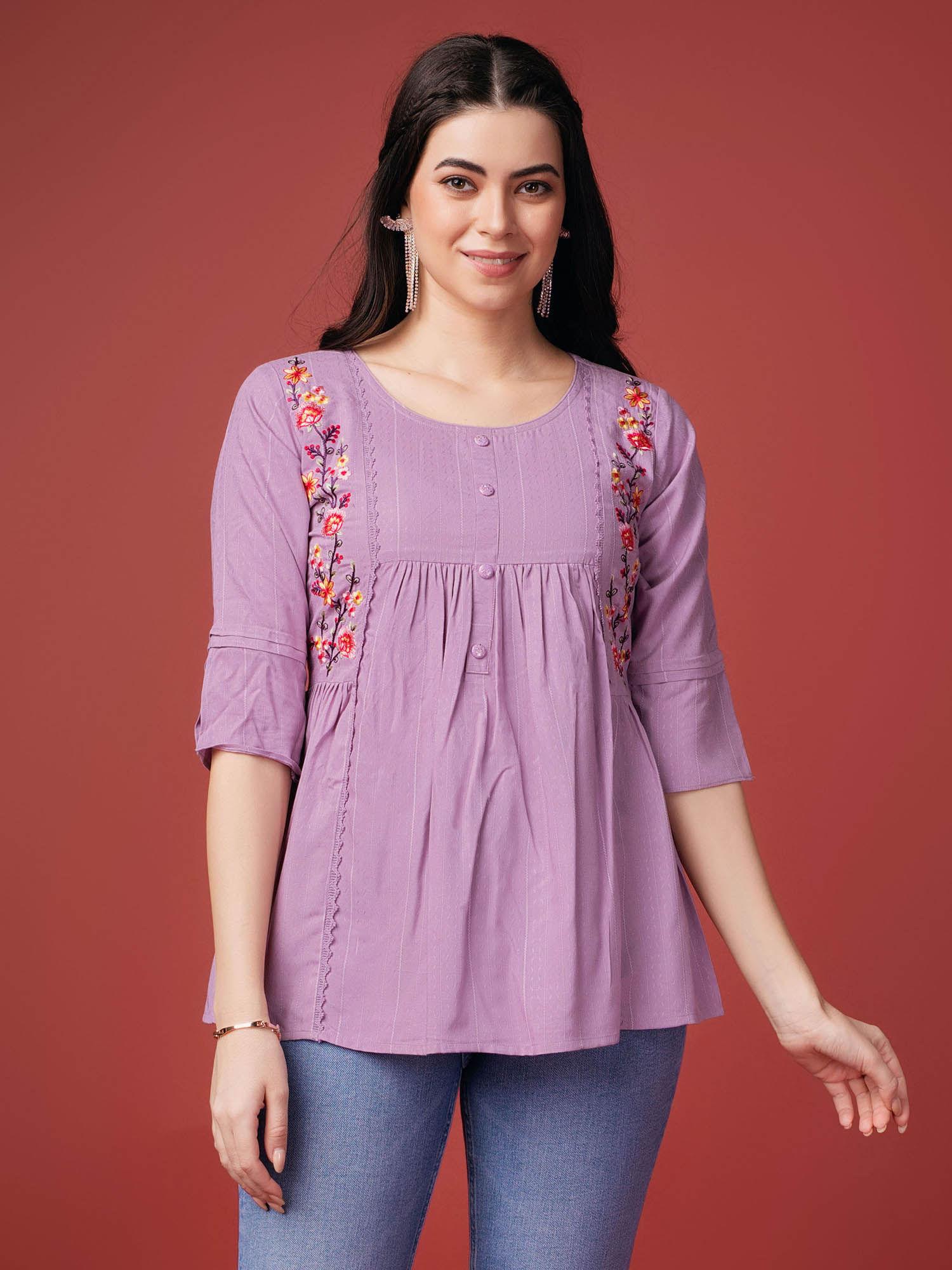 womens lavender pure viscose rayon floral embroidered a-line top