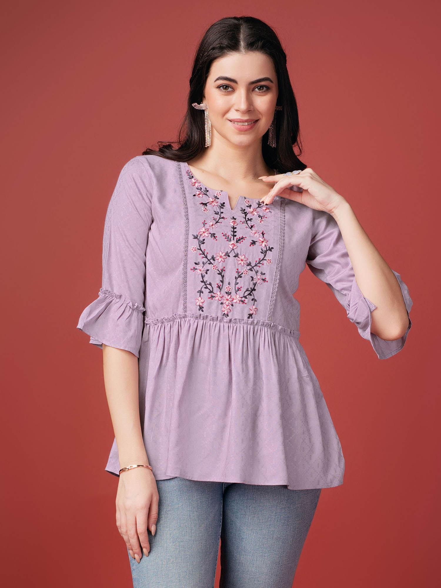 womens lavender pure viscose rayon floral embroidered peplum top