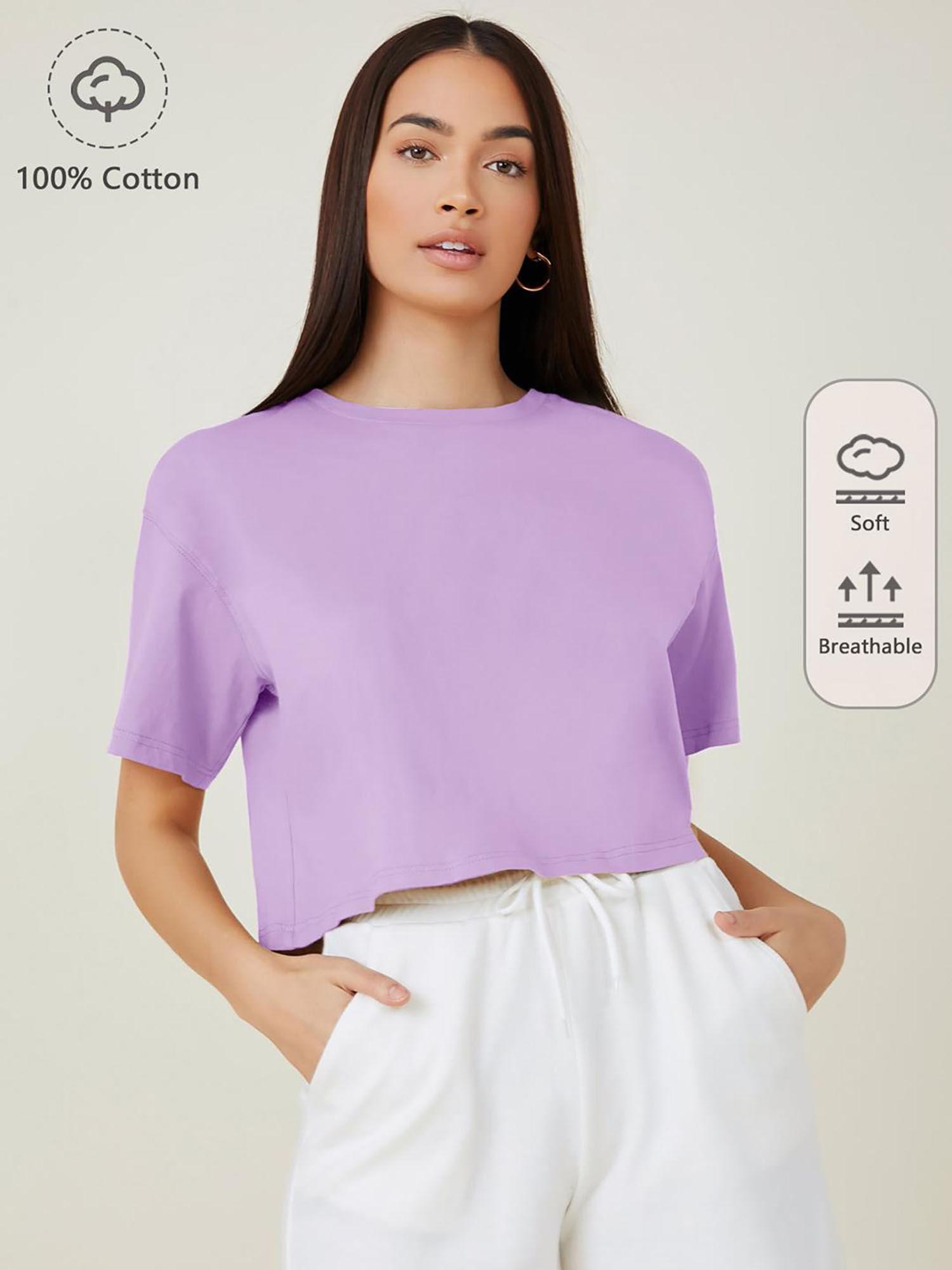 womens lavender solid cotton blend oversized crop t-shirt