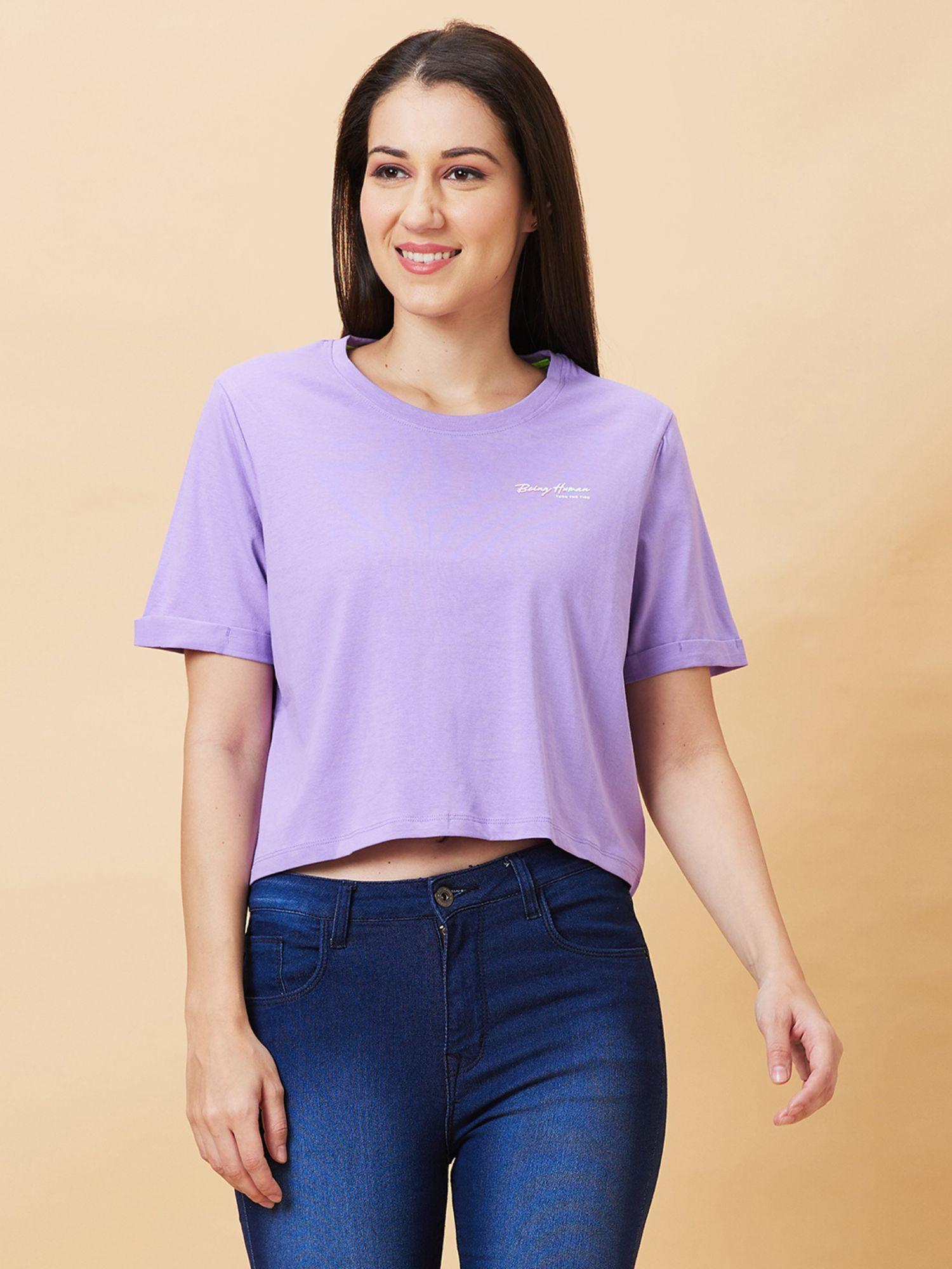 womens lavender solid round neck t-shirt