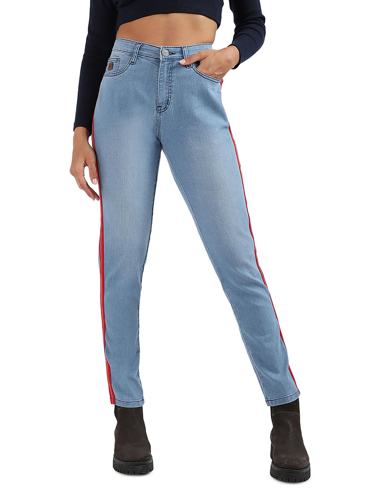 womens light blue contrast side-striped denim jeans