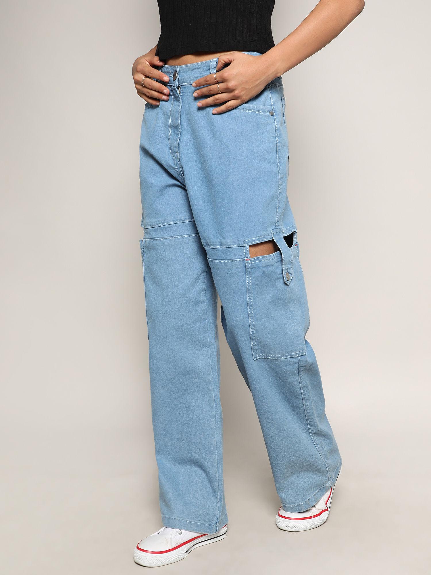 womens light blue mid rise cutout denim jeans