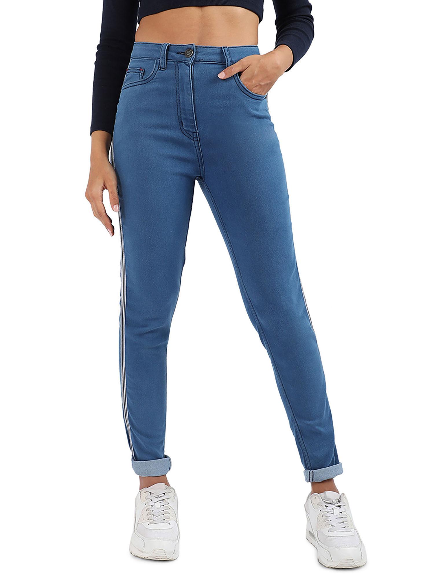 womens light blue pencil side-striped denim jeans