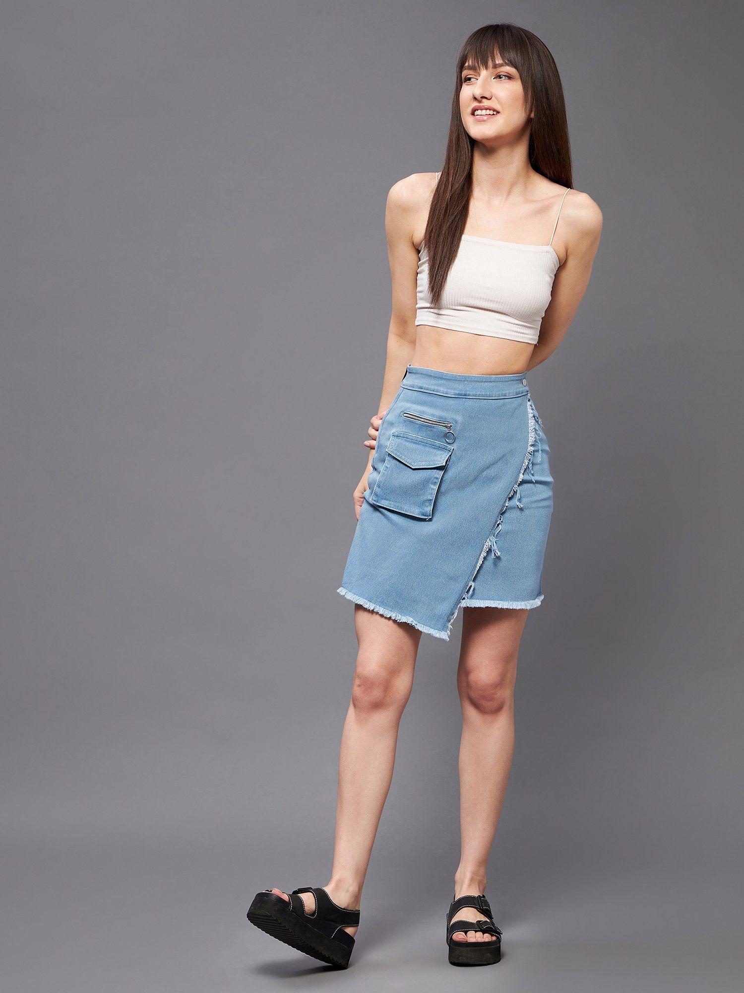 womens light blue regular high rise above knee stretchable denim skirt