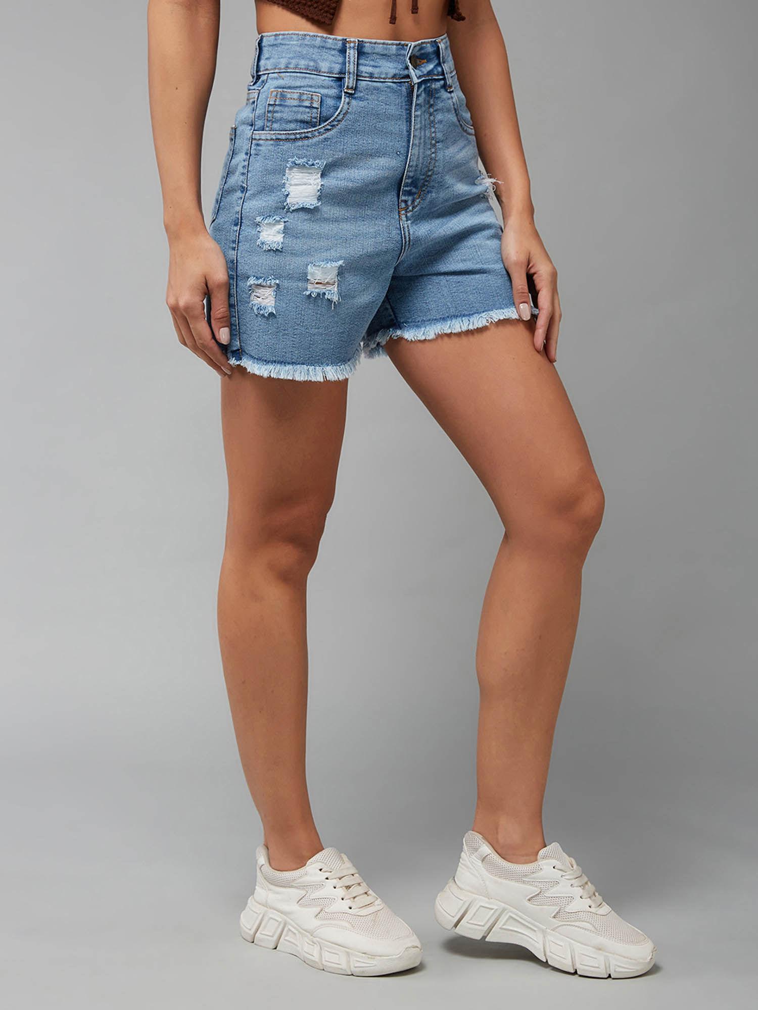 womens light blue relaxed fit mid rise highly distressed regular denim shorts