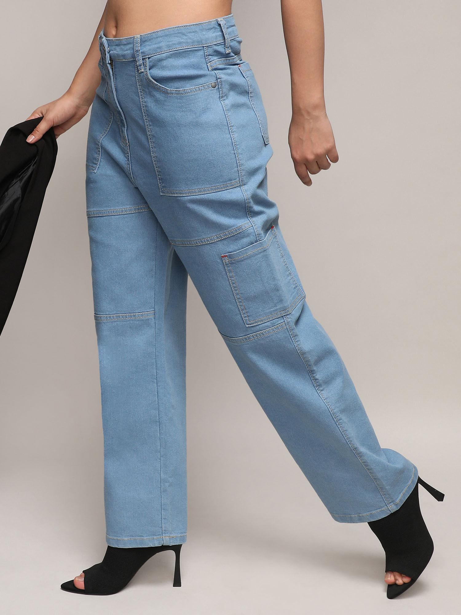 womens light blue straight fit cargo denim jeans