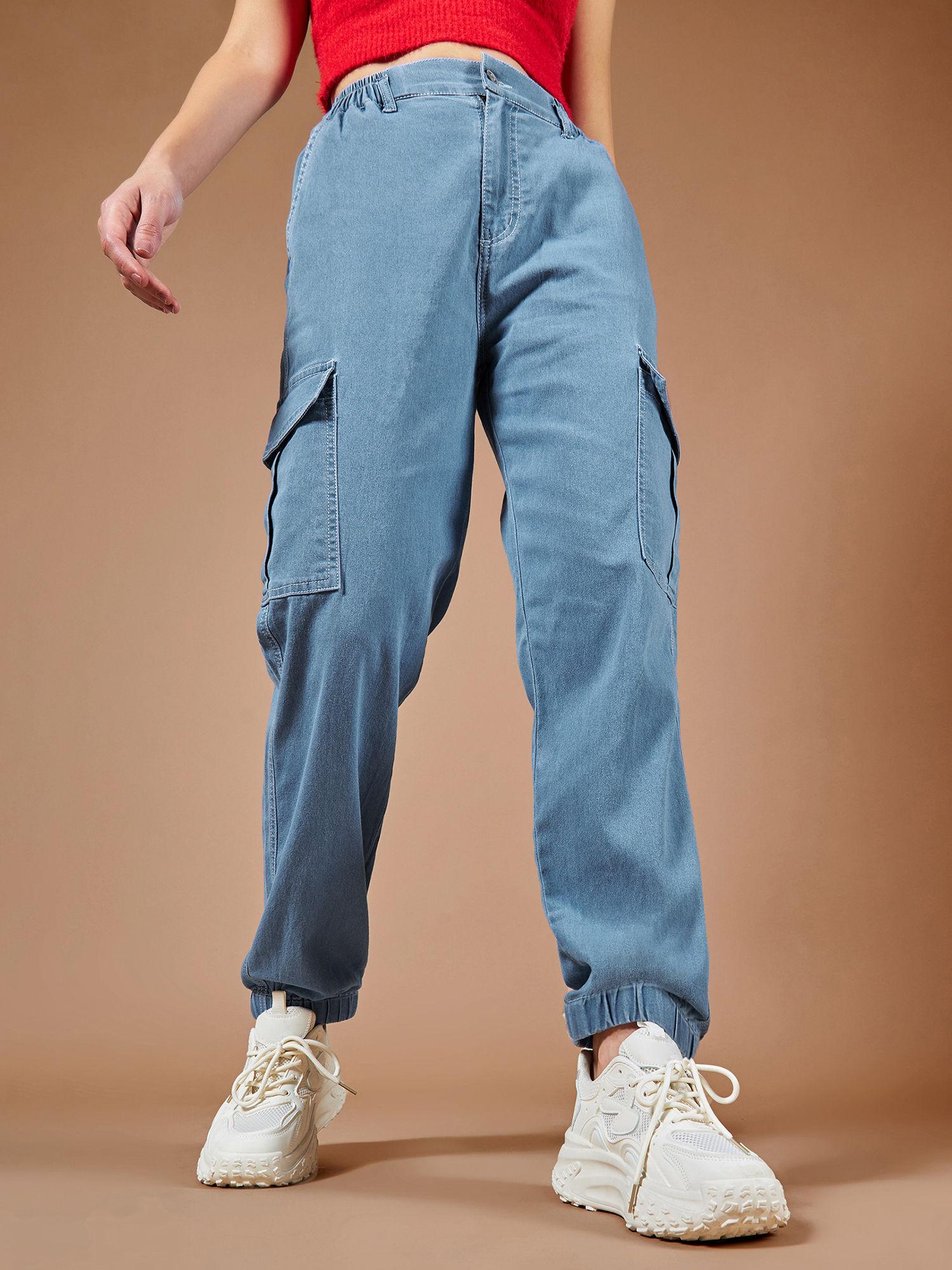 womens light blue stretchable denim joggers