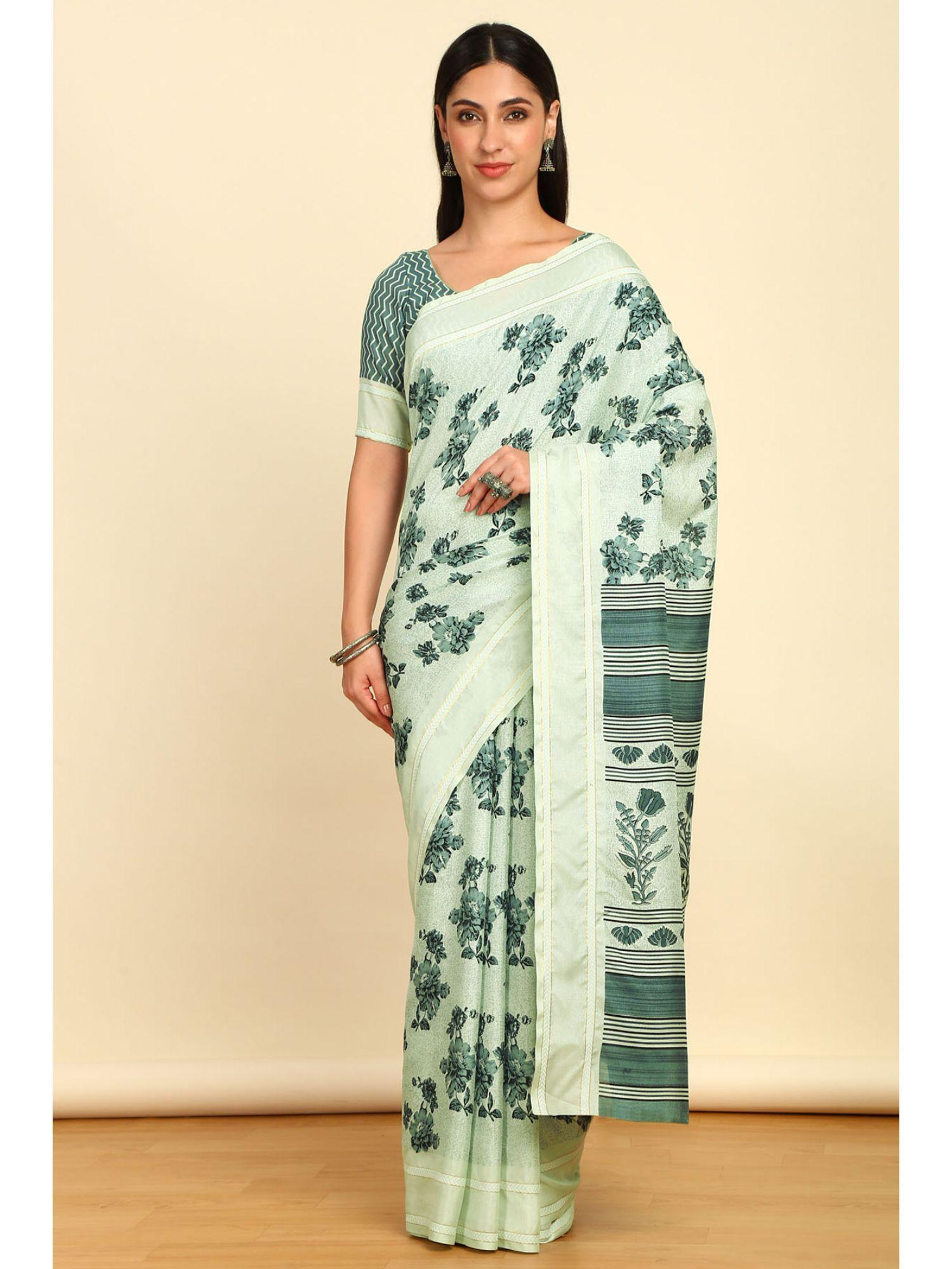 womens light green art silk floral print saree with unstitched blouse