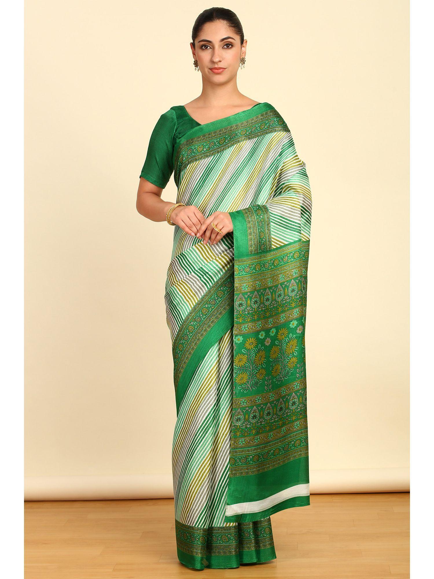 womens light green art silk striped saree with unstitched blouse