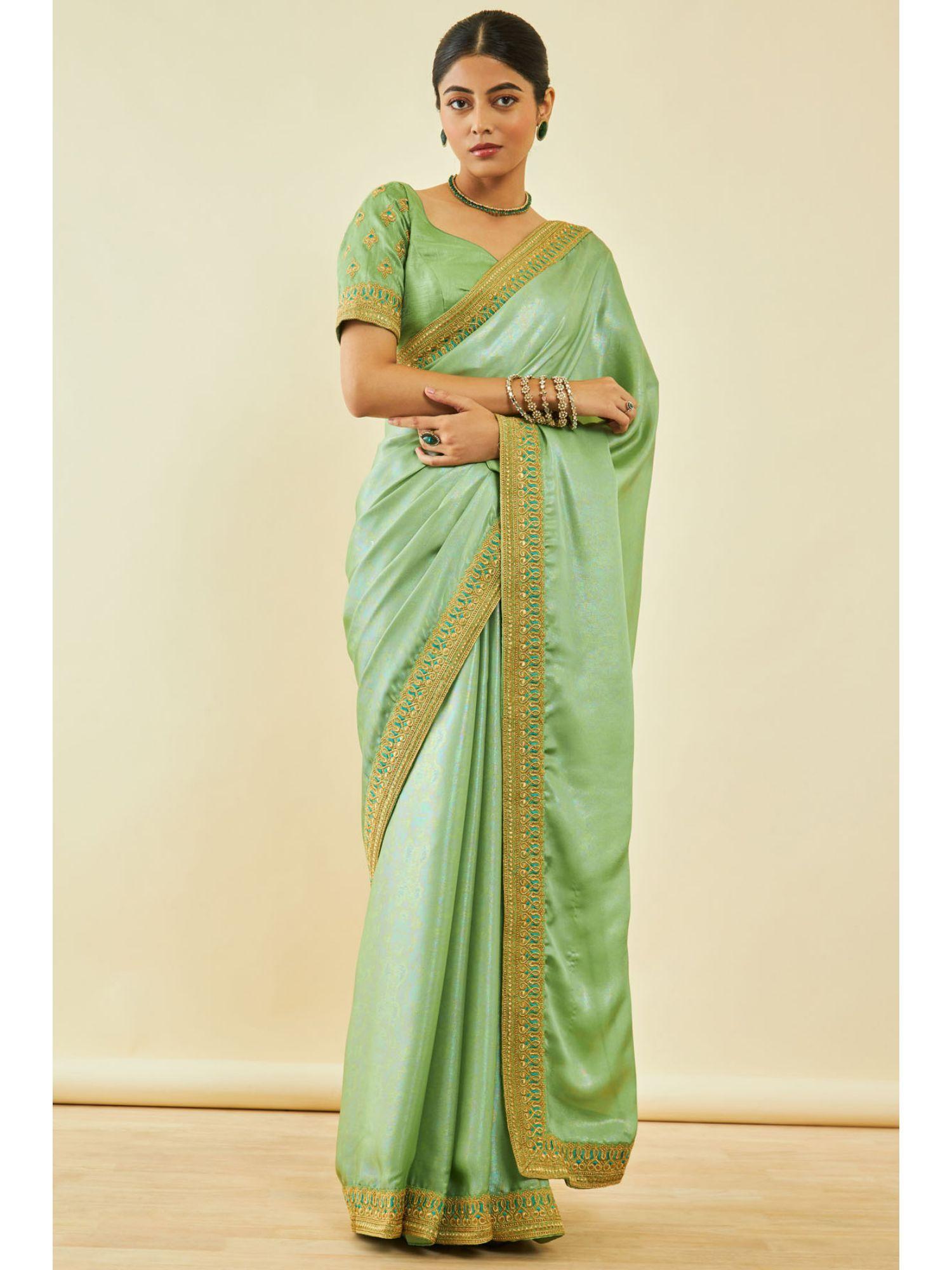 womens light green chiffon self print saree with zari with unstitched blouse