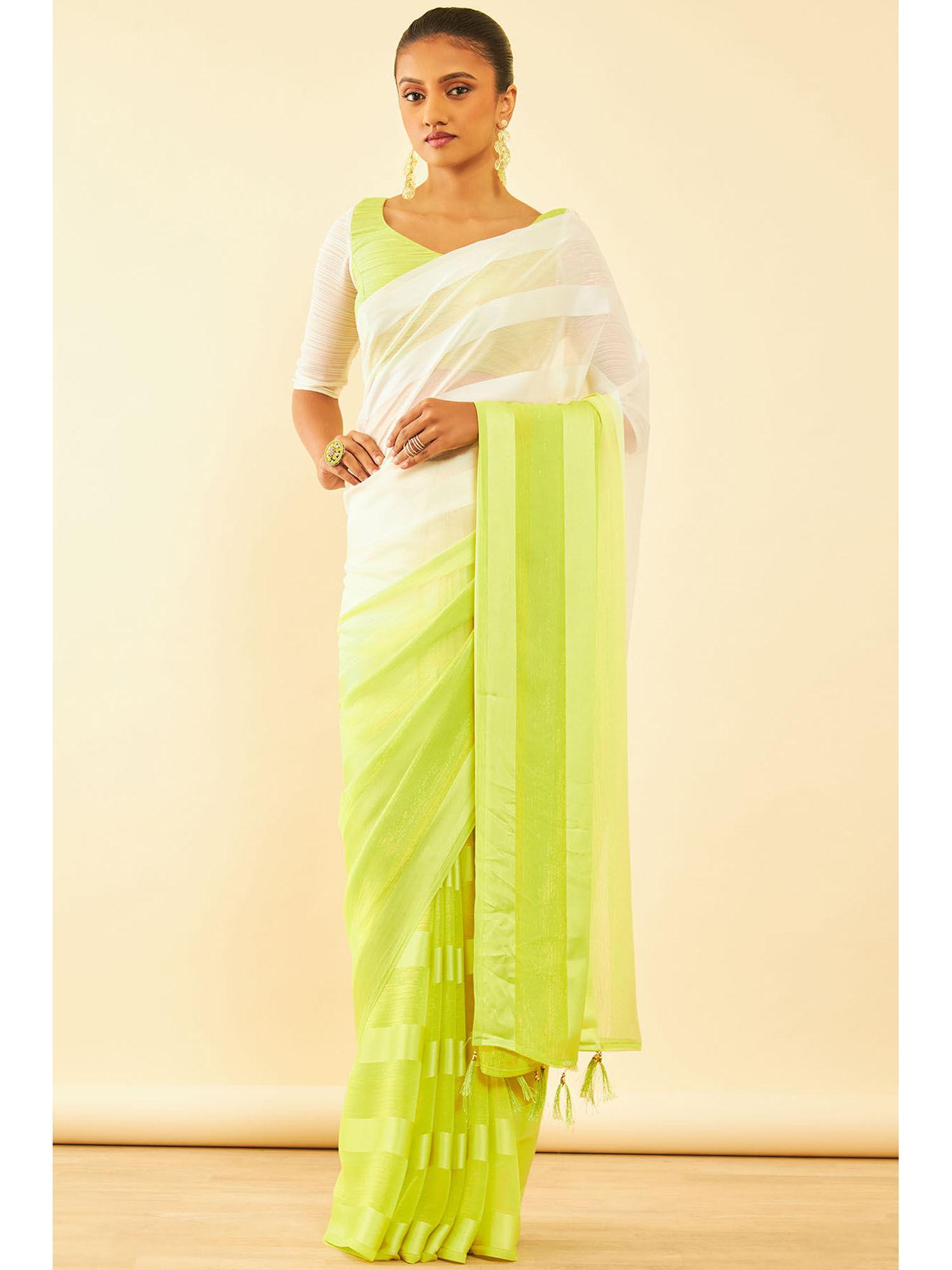 womens light green chiffon striped saree with unstitched blouse