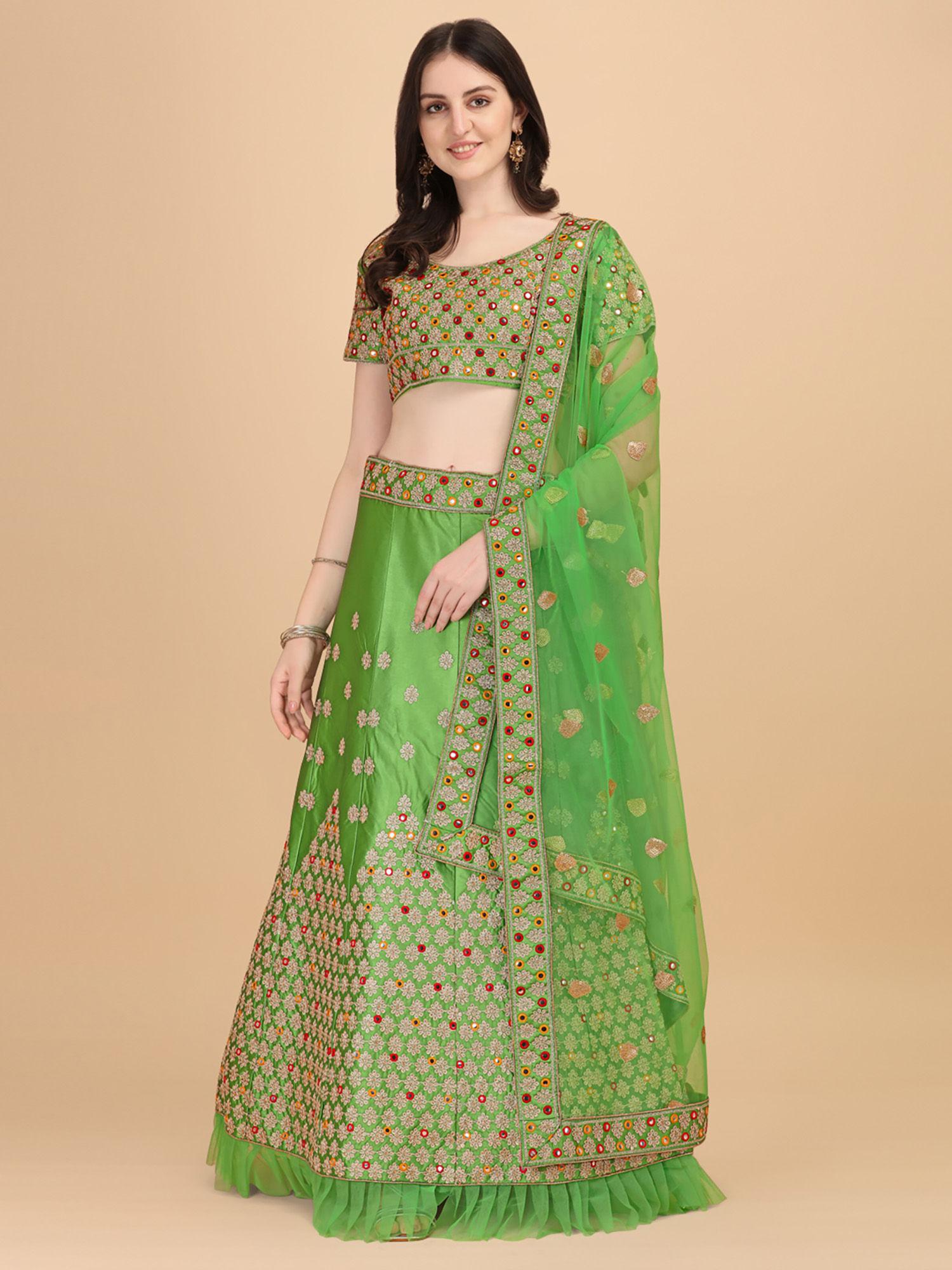 womens light green colour satin work lehenga choli (set of 3)