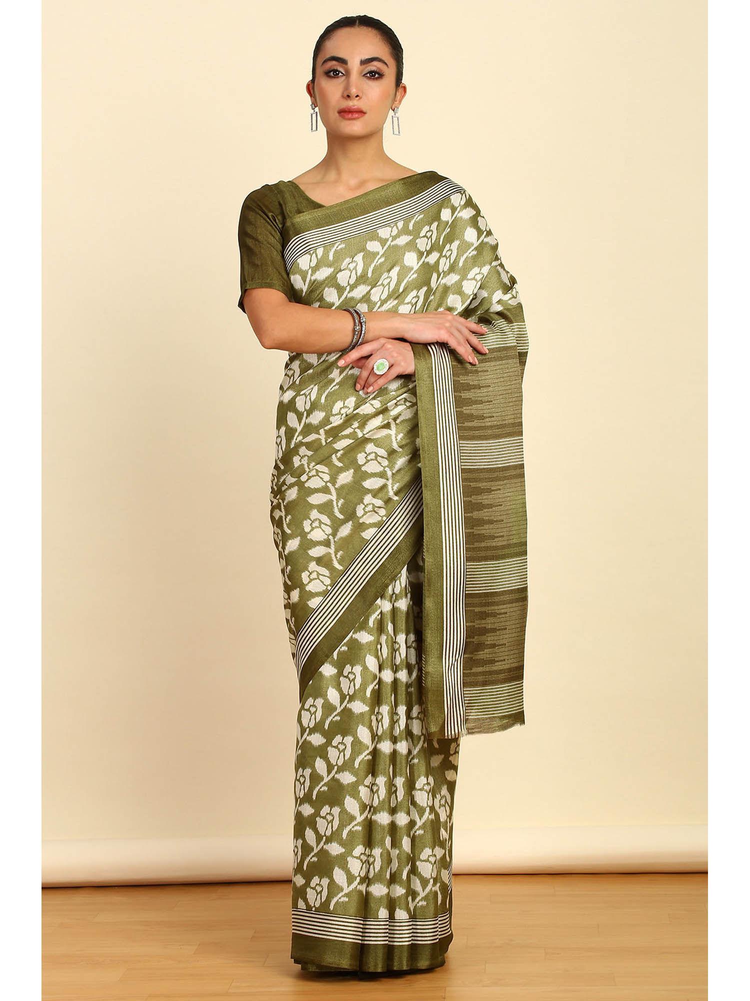 womens light green floral printed art silk saree with unstitched blouse