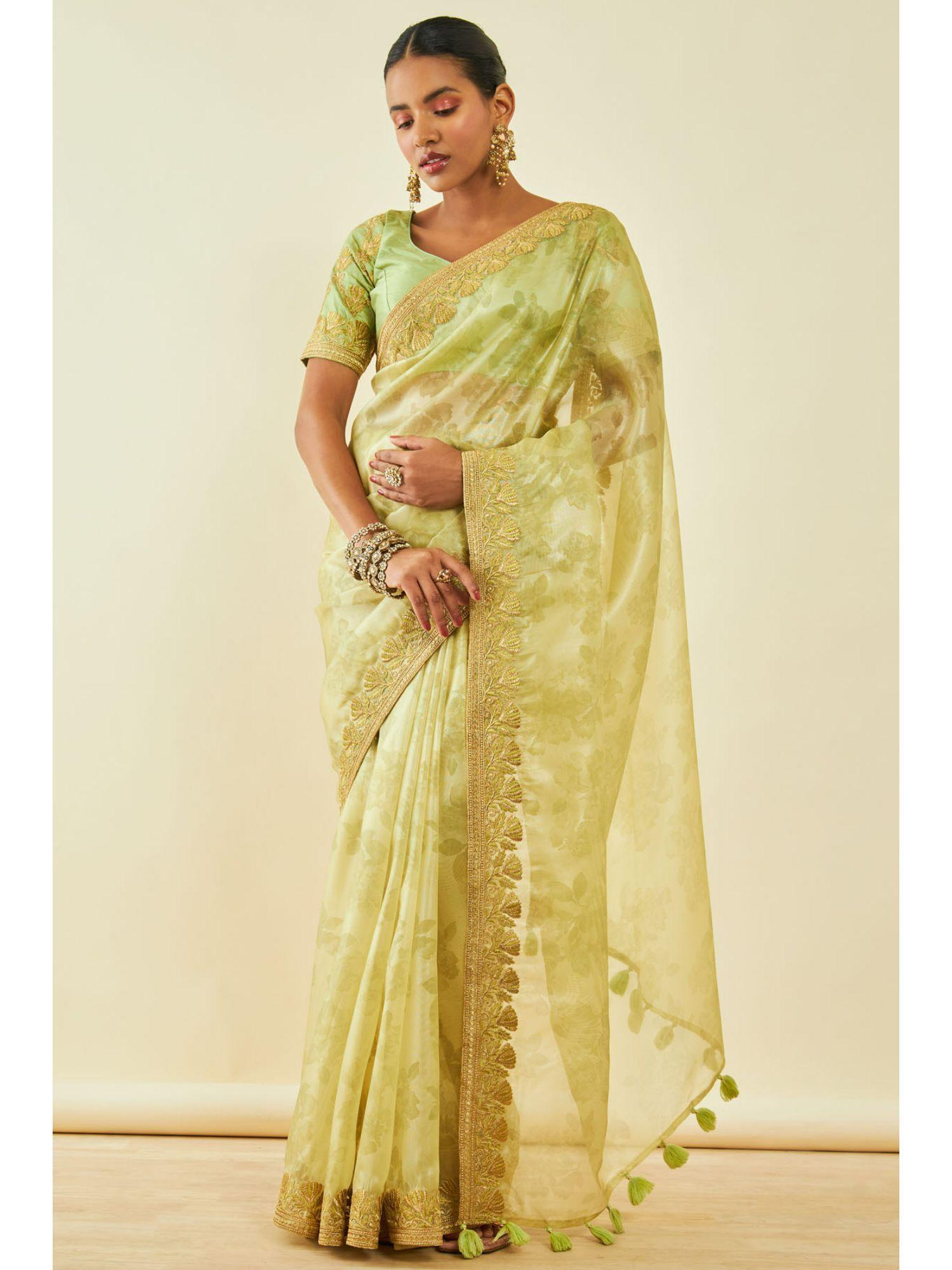 womens light green net floral print saree with zari with unstitched blouse