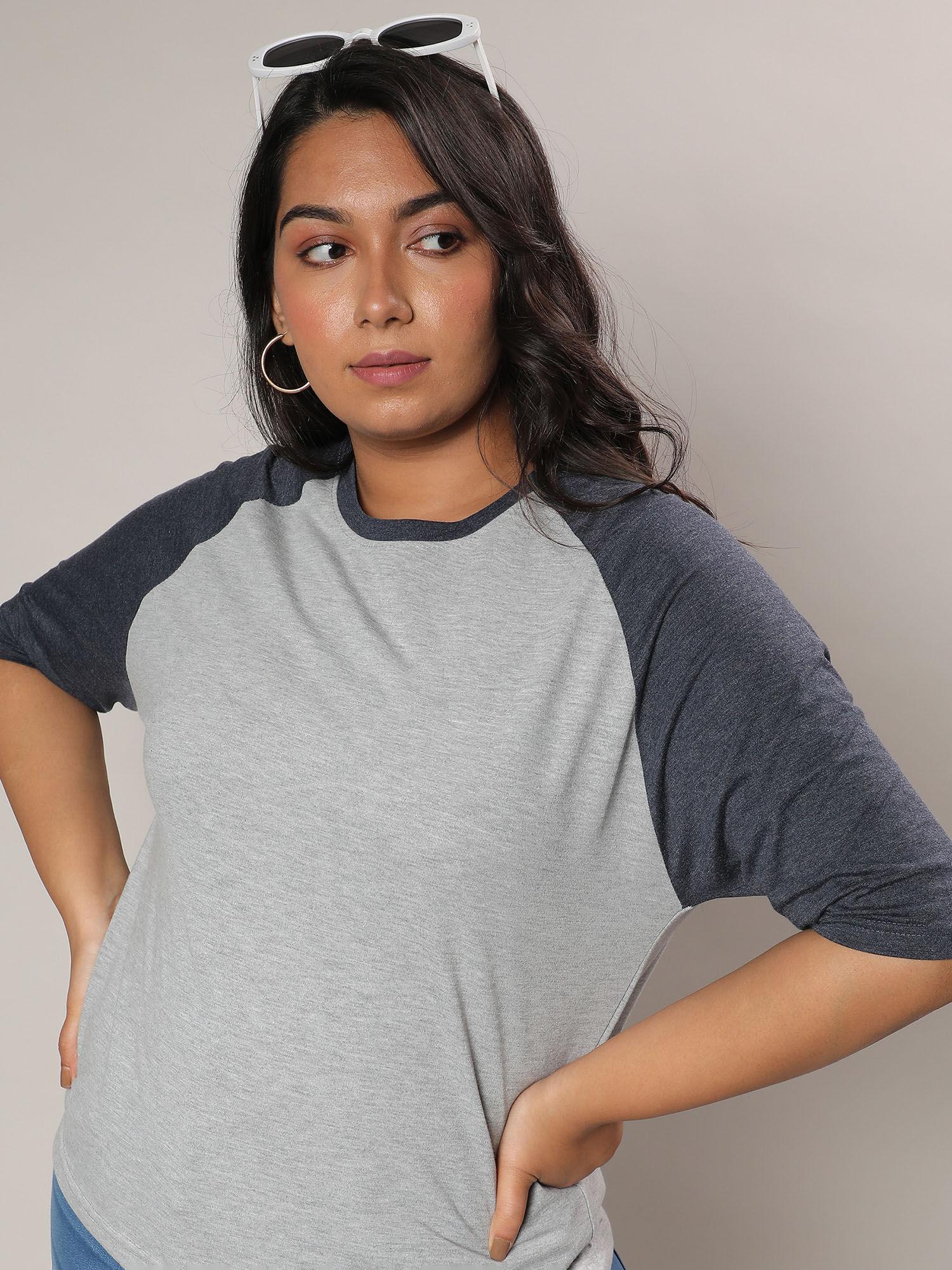 womens light grey and prussian blue raglan sleeve t-shirt