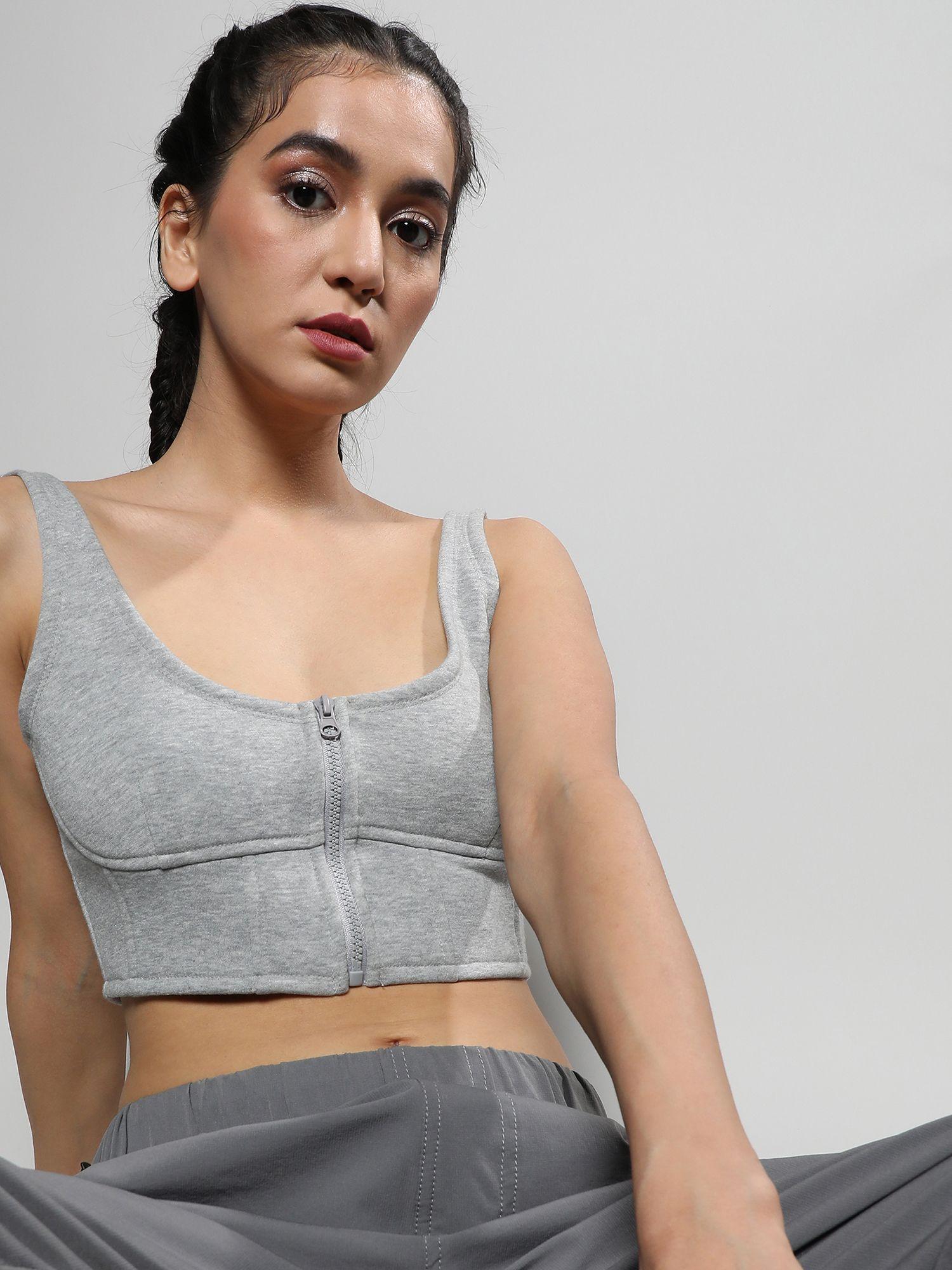 womens light grey zip - front cropped corset top