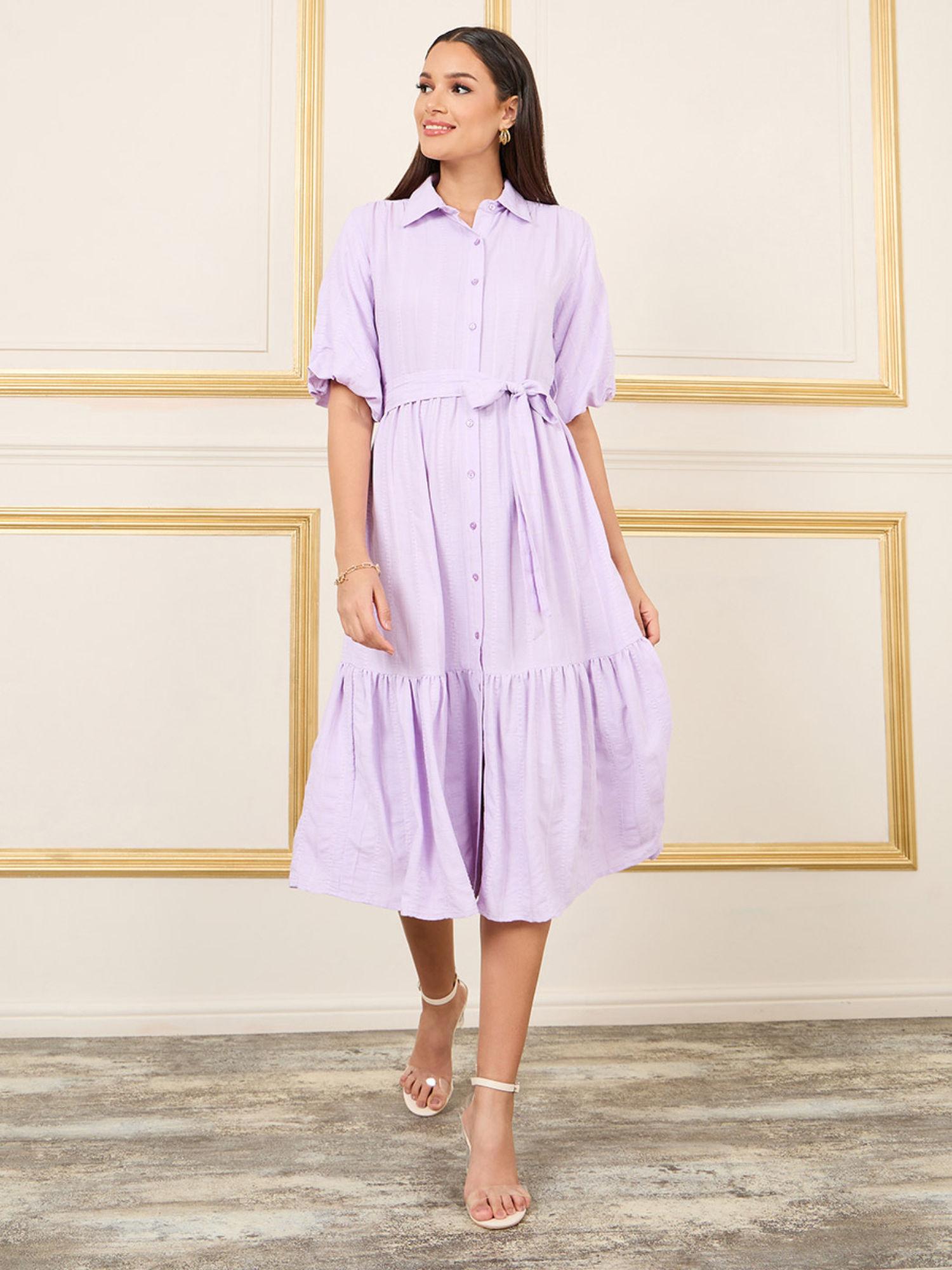 womens light purple puff sleeve shirt dress with belt (set of 2)