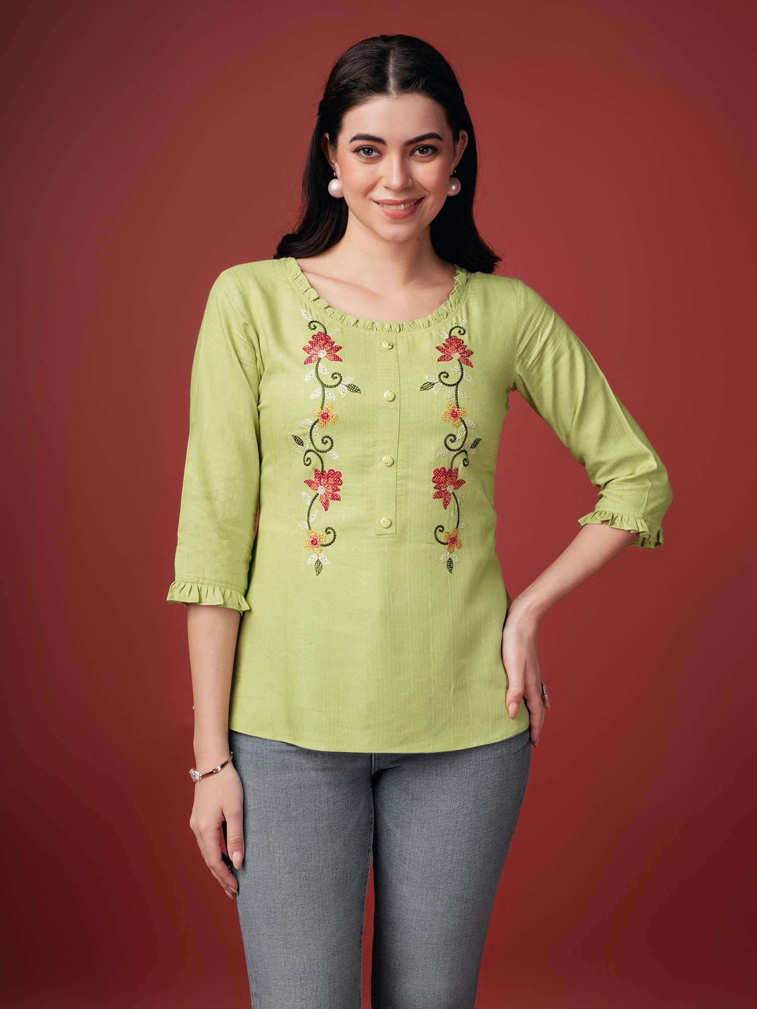 womens lime green pure viscose rayon floral embroidered a-line top