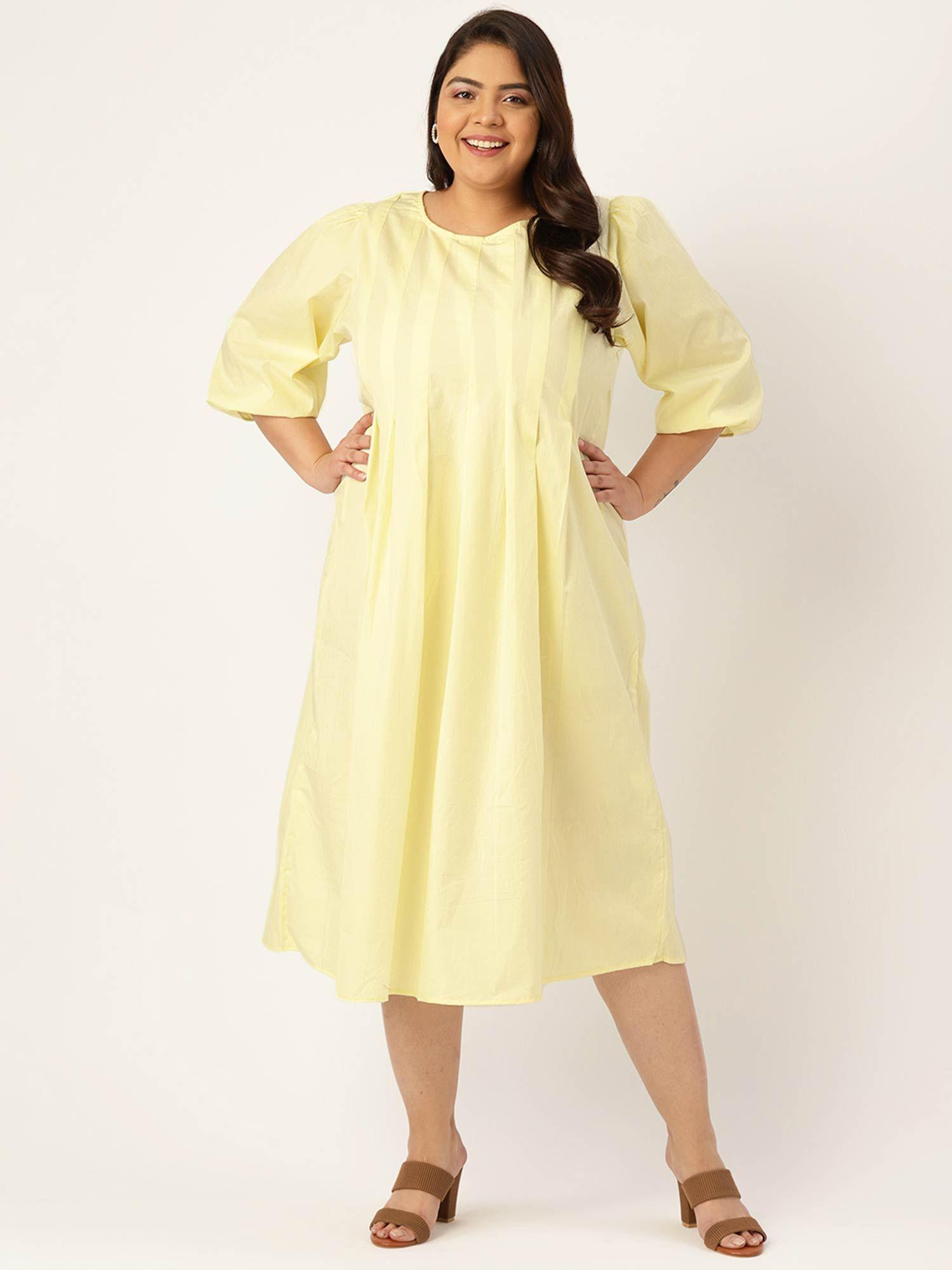 womens lime solid color front-pleated a-line midi dress